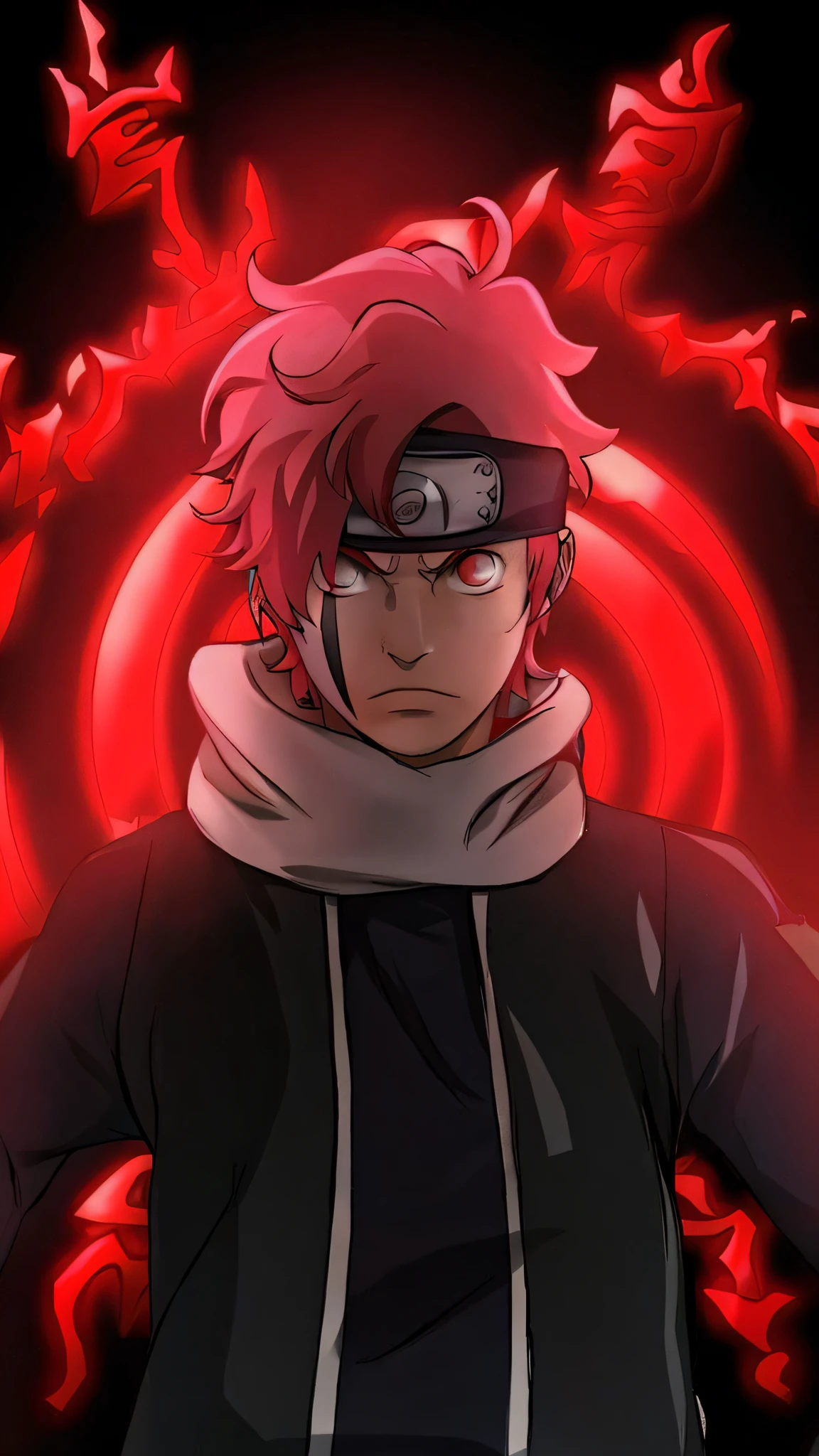a man with a pink hair and a hoodie stands in front of a red swirl, joker as naruto, joker looks like naruto, akatsuki akira, itatchi uchiha, pain from naruto, he's very menacing and evil, his eyes are red and glowing, from naruto, large red eyes!!!, tanjiro kamado --auto --s2