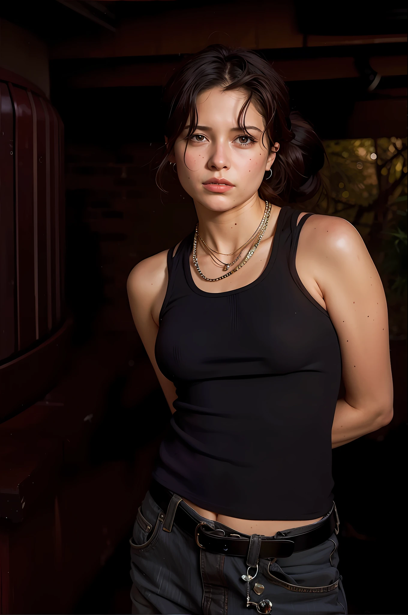 a hyper-realistic portrait of a young woman, half asleep, under a tree, inside a forest, lots of rain, in the middle of nature, 22 years old, realistic, (lying on her side), she is wearing a red panties, (wearing minimal dress), sexy, (huge breasts 2:1), wet clothing, short brown hair, (hair tied with bows), curved, SFW