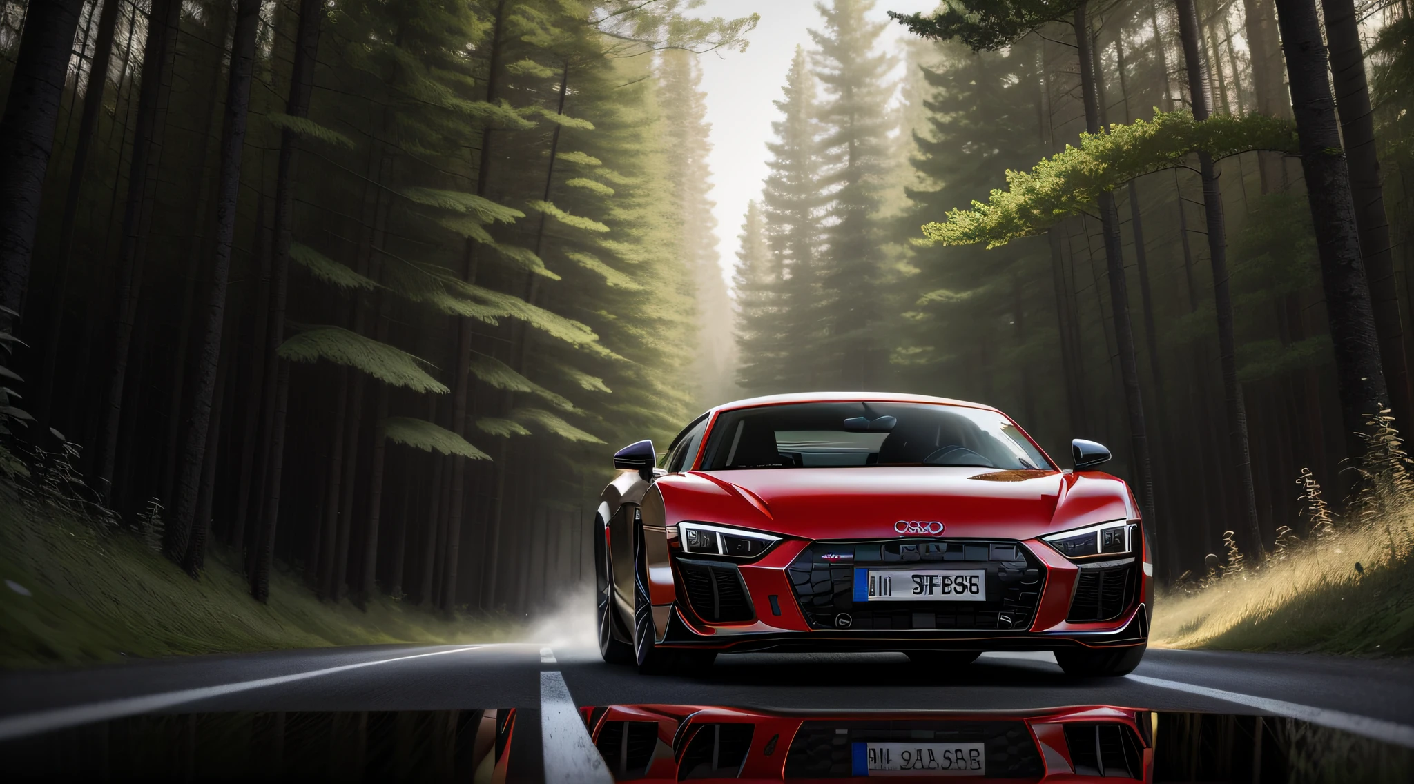 Audi R8 2020 sports car, red color with blue designs, fiberglass cover barb, running on a road in the middle of a forest, Surrealism, ray tracing, reflection light, super detail, award-winning, masterpiece, high quality, highres, 8k, 16k