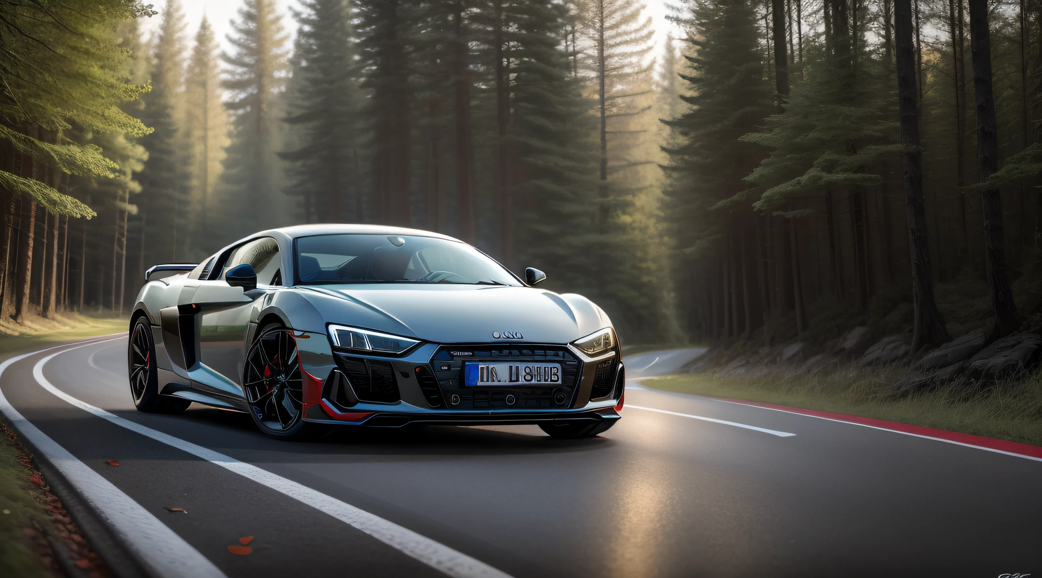 Audi R8 2020 sports car, red color with blue designs, fiberglass cover barb, running on a road in the middle of a forest, Surrealism, ray tracing, reflection light, super detail, award-winning, masterpiece, high quality, highres, 8k, 16k