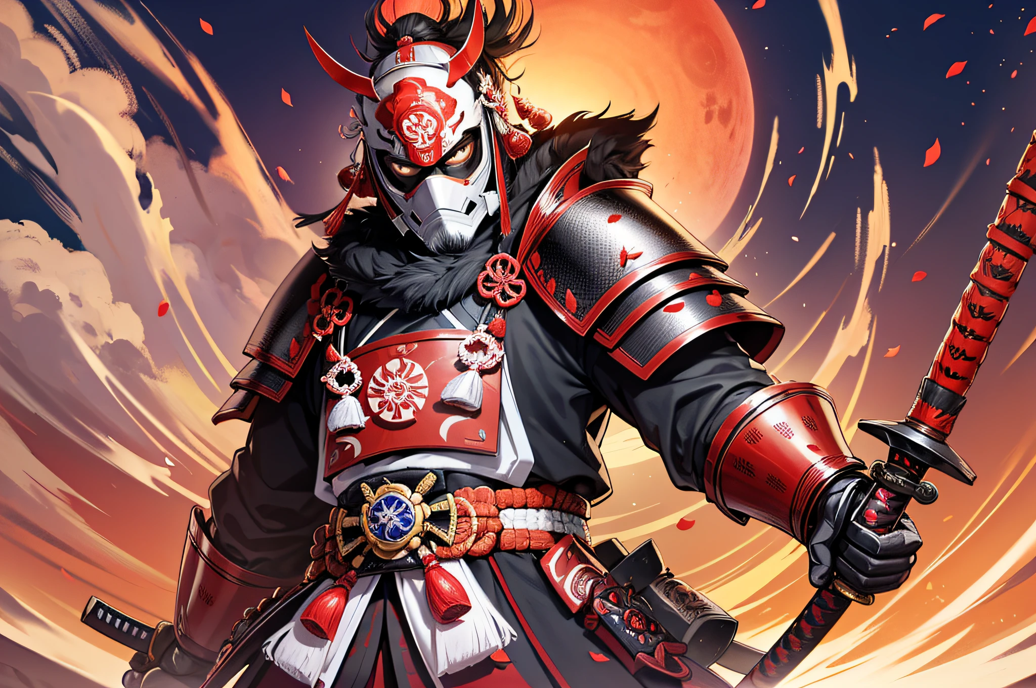Japanese samurai armor mask katana cherry blossom temple huge red sun background ink style