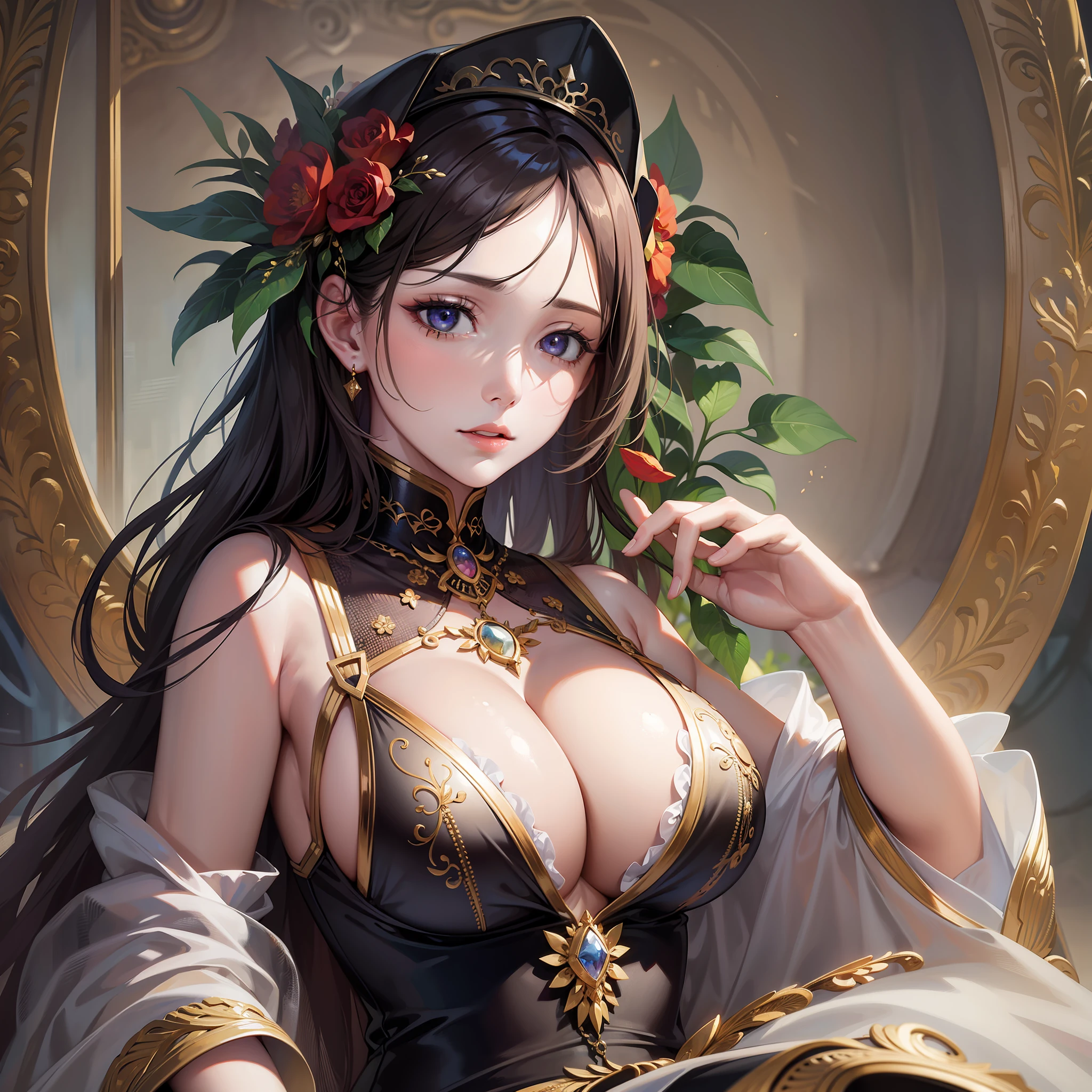 woman, masterpiece, fine details, hollow eyes, oil painting, big breasts, cleavage, portrait,