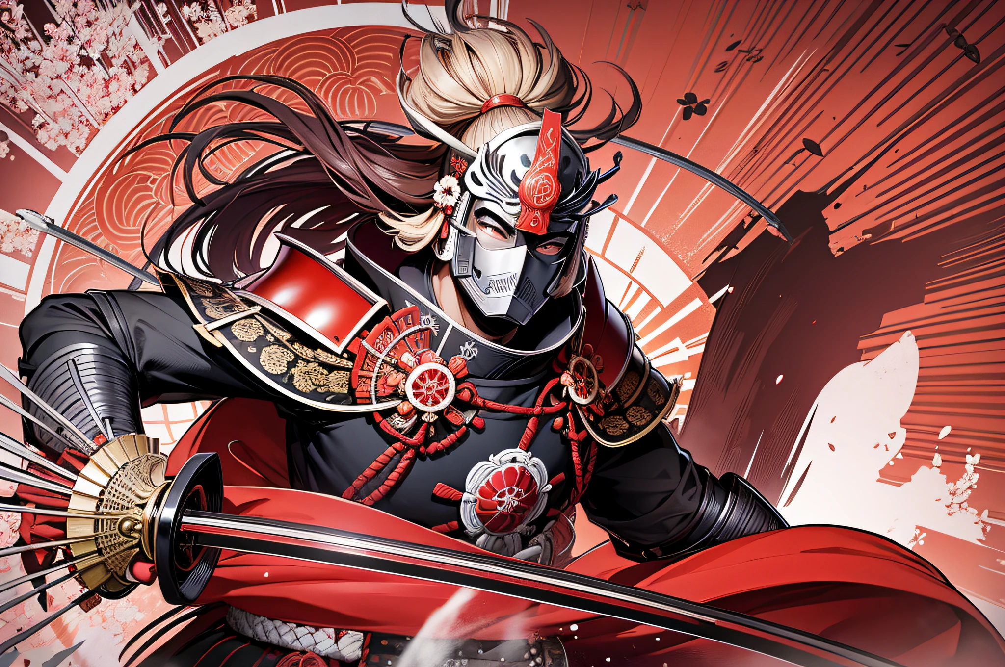 Japanese samurai armor mask katana cherry blossom temple huge red sun background ink style