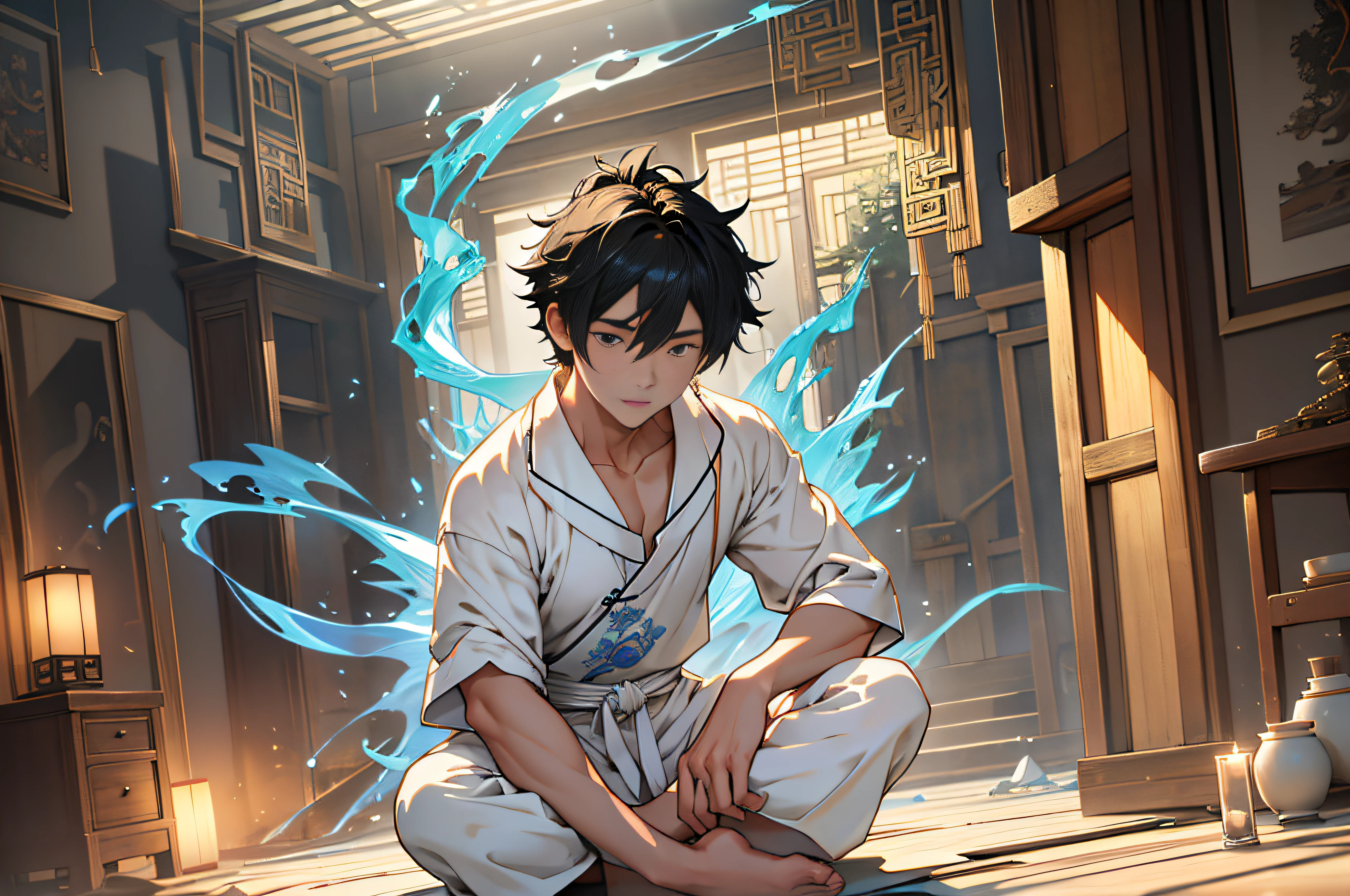 Best quality, masterpiece, high resolution, 1boy, ancient Chinese, 18 years old, short black hair, inside the house, white pajamas, sitting crossly, cultivation, practice, elemental mage engulfed by blue flame and yellow lightning, color chaos, gold and ice tones, 4k, 8k. Chinese ancient style. (High Detail Skin: 1.2), 8K UHD, DSLR, Soft Light, High Quality, Volumetric Light, Voyeur, Photo, High Resolution, 4K, 8K.
