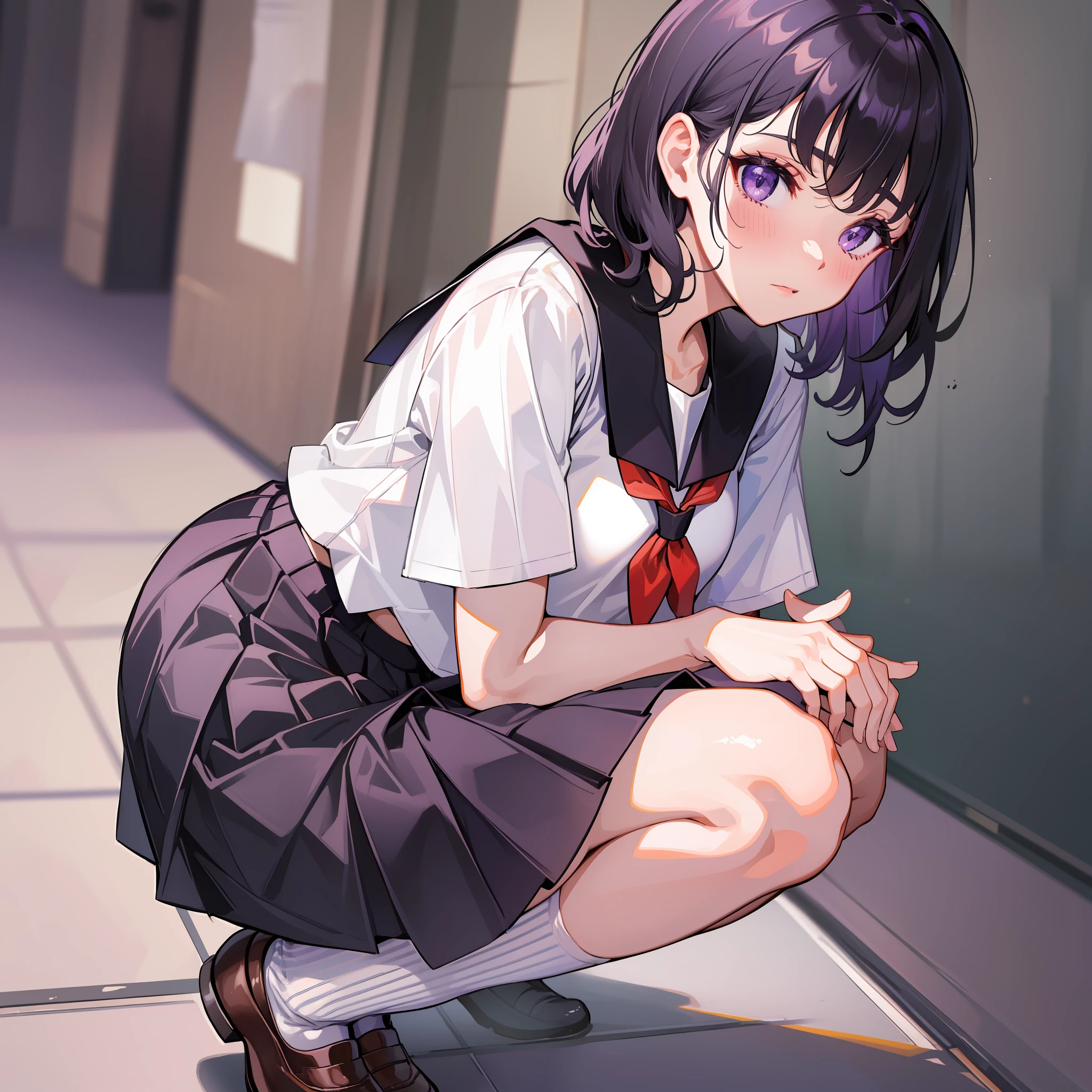 (名傌), ((Best Quality)), (Super Detail), 1 Girl, Black Hair Shorthair, School, Hallway, Squatting, Purple Panties, Pubic Hair, Purple Eyes, 15 Years Old, Skinny Legs, School Uniform, Skirt, Socks, Serafuk, Neckerchief, Sailor Color, Pleated Skirt, White Socks, Black Skirt, Short Sleeves, Shirt, White Shirt, Black Sailor Color, Blue neckerchief, blush, bangs, small breasts, perfect hands, hand detail, fixed fingers, looking_al_Viewer, top quality, rich detail, perfect image quality,