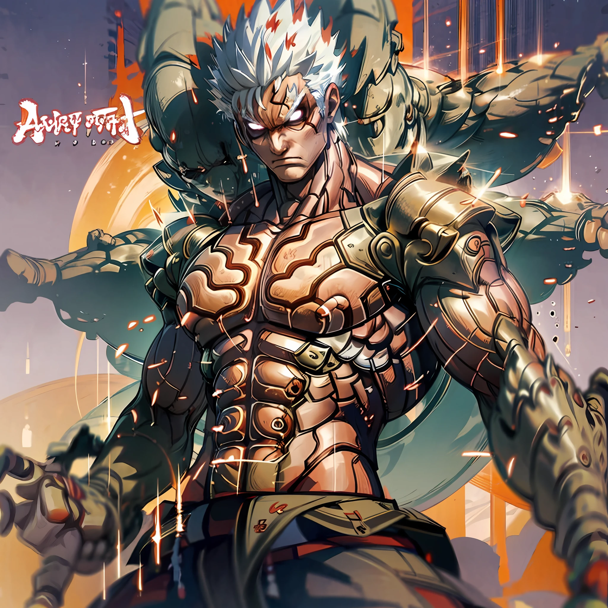 Anime boy,Asura,white hair,short spiky hair,wearing white outfit,makrings all over the body,red Aura, destroyed ground,red outlines on the body, powerful, surrounded by monsters, perfect hands,close up shot, muscular athletic body, serious face,mantra,highest quality digital art, Stunning art, wallpaper 4k,8k,64k, HD, unparalleled masterpiece, dynamic lighting, cinematic, epic