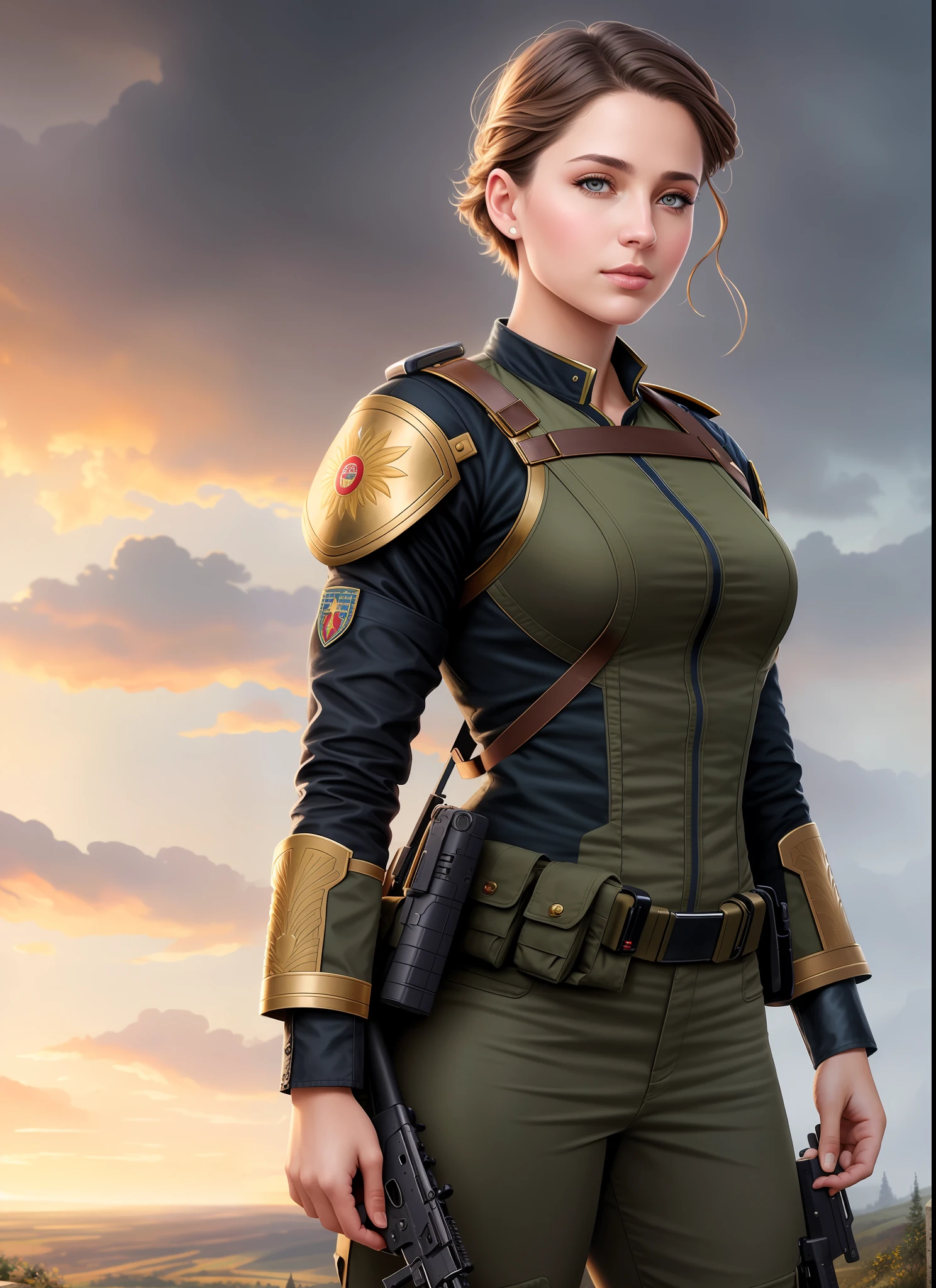Cinematic landscape, a ultra-detailed hyperrealistic photography of a beautiful ukranian soldier woman, in a florest, ukraine aesthetics, short hair, night, curvy, beautiful curves, army aesthetics, tattered outfit, high emphasis on detail, style Semi Impasto, matte painting, atmospheric, glowing, dramatic lighting, beautiful eyes, symmetric eyed, perfect eyes, by Magali Villeneuve