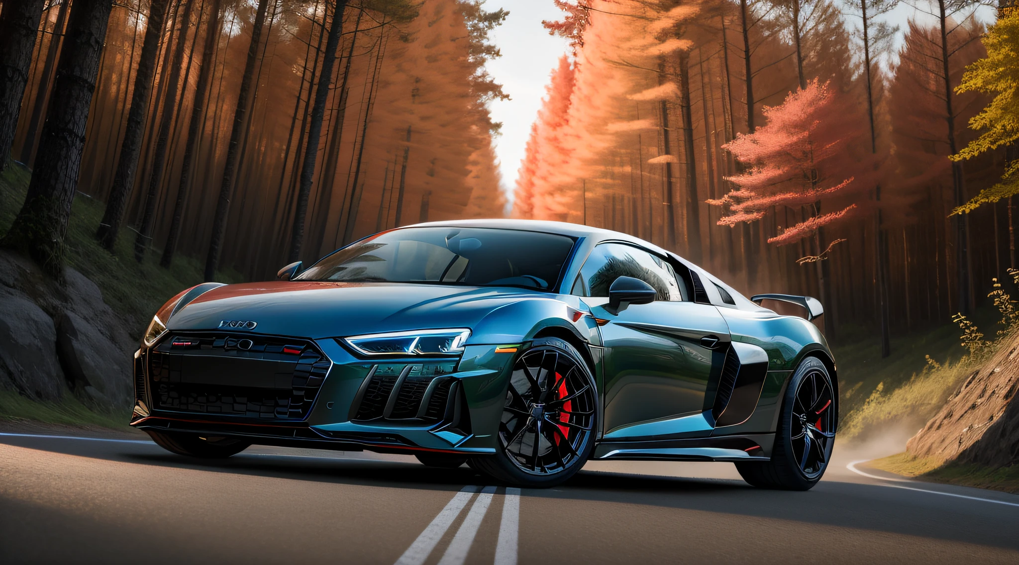 Audi R8 2020 sports car, red color with blue designs, fiberglass cover barb, running on a road in the middle of a forest, Surrealism, ray tracing, reflection light, super detail, award-winning, masterpiece, high quality, highres, 8k, 16k