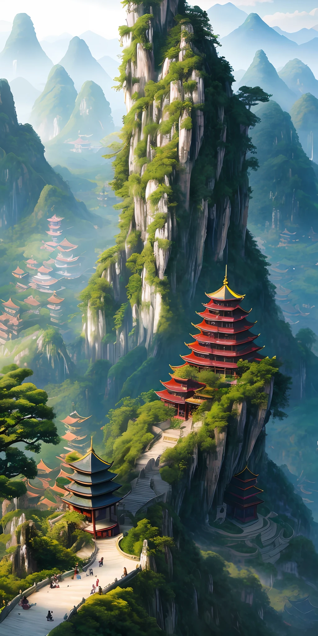2. Mountain view with waterfall and pagoda in the middle, painted scene by Han Gan, winner of cg society competition, fantasy art, dreamy Chinese town, Chinese landscape, Chinese fantasy, made of trees and fantasy valley, ancient city view, order Impressive fantasy landscape, most epic landscape, pagoda on hill, mountainous jungle environment, avatar landscape, chinese village.