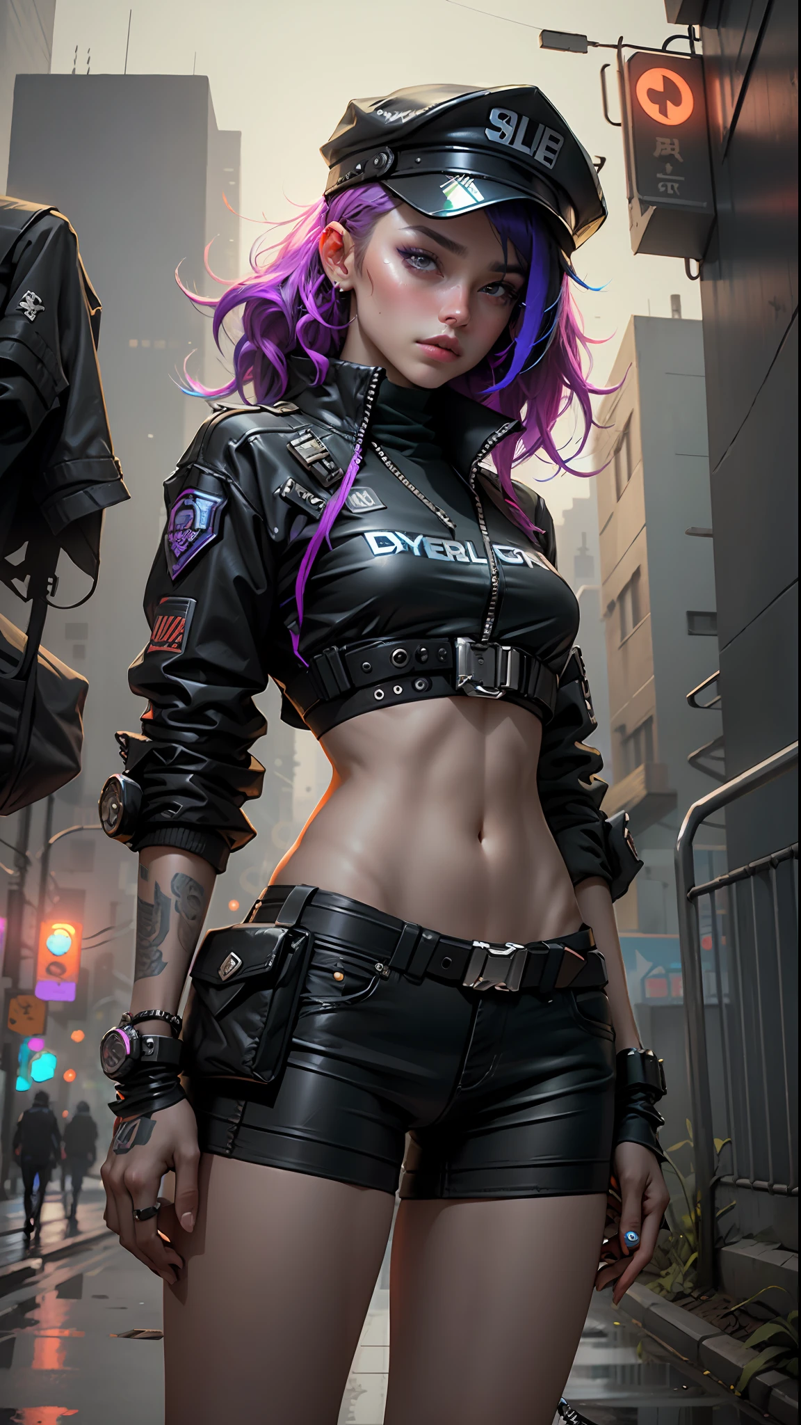 Beautiful woman medium hair, wearing cap, cyberpunk style short clothes, cyberpunk police woman, tomboy