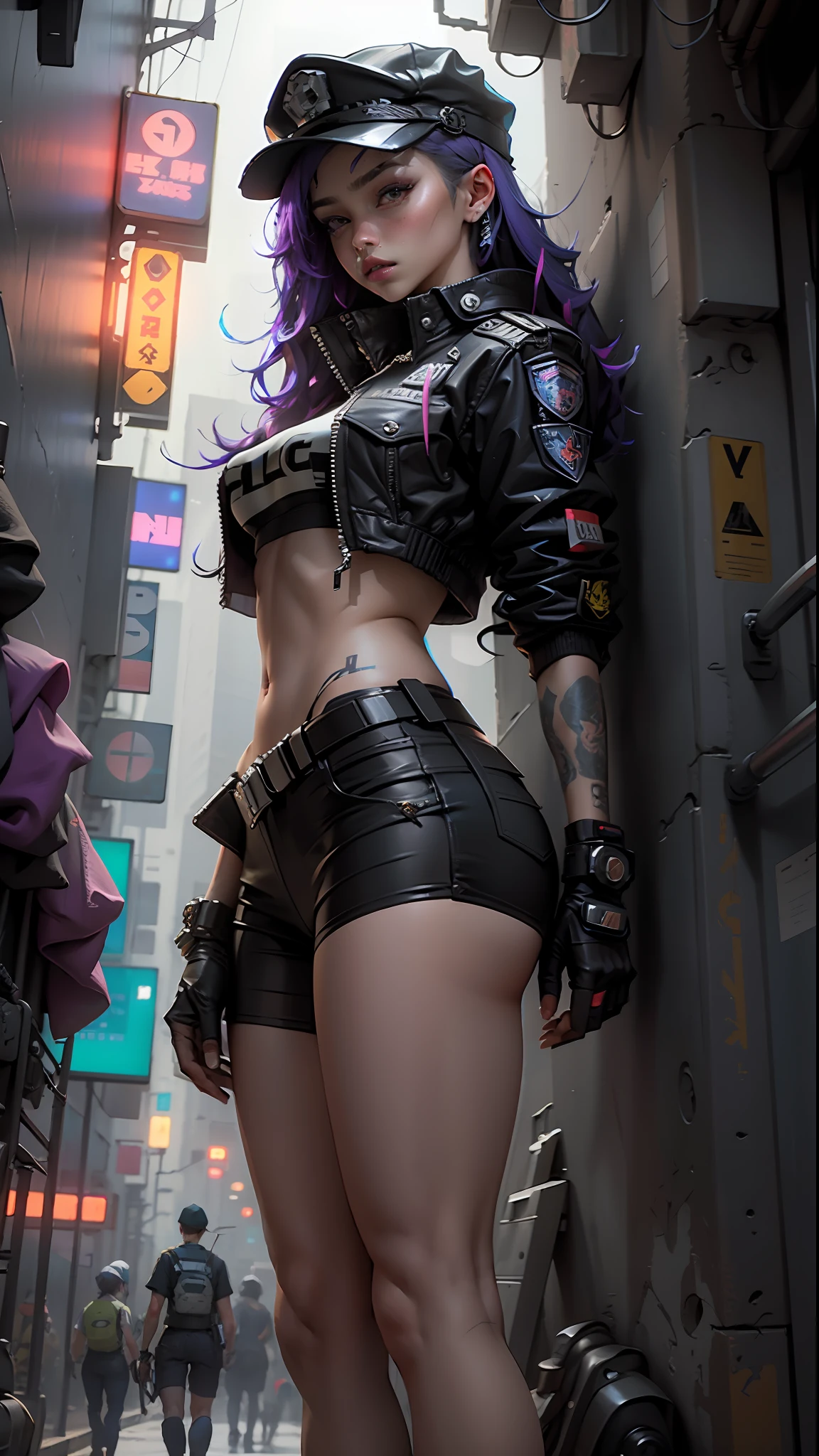 Beautiful woman medium hair, wearing cap, cyberpunk style short clothes, cyberpunk police woman, tomboy