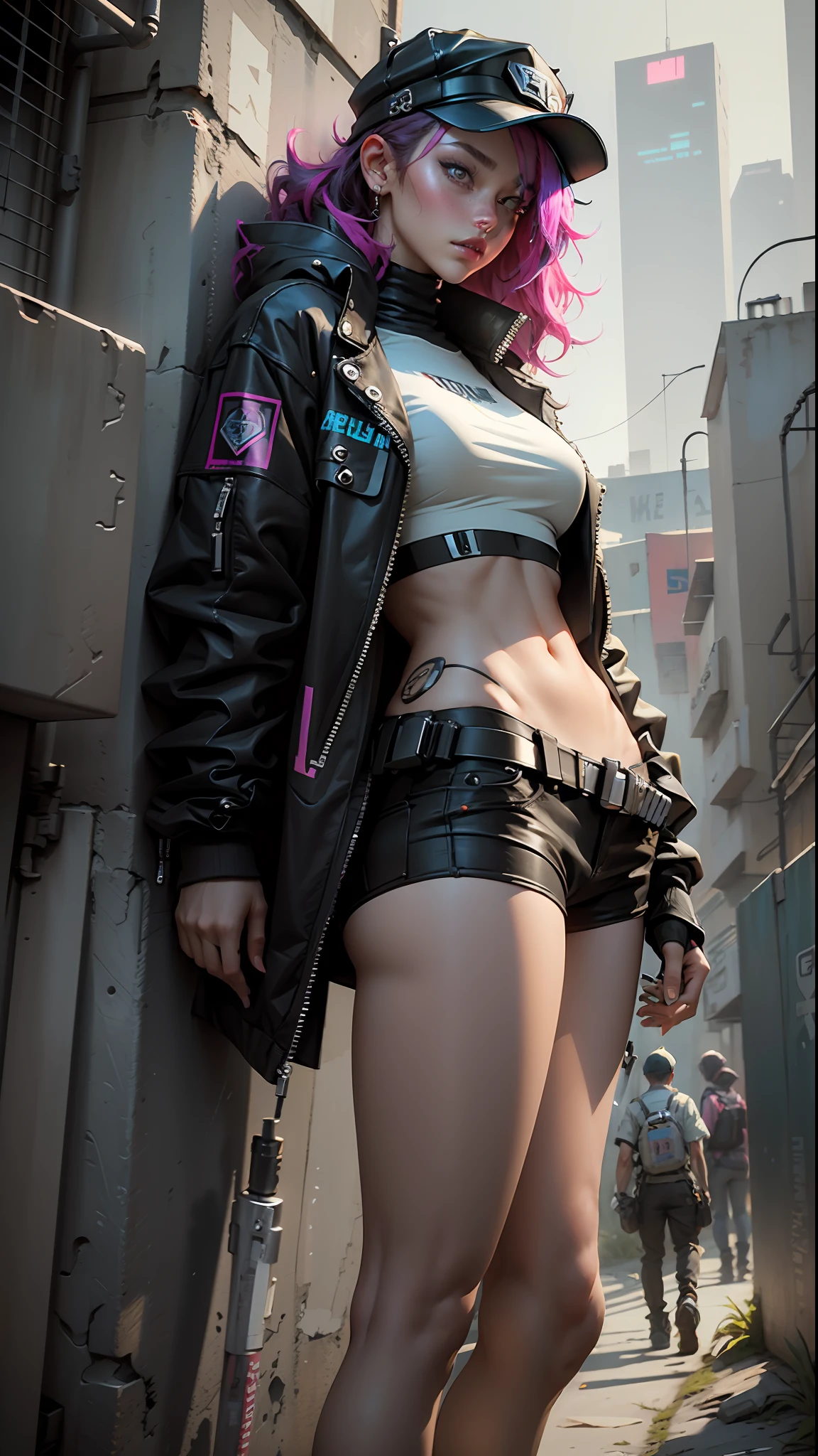 Beautiful woman medium hair, wearing cap, cyberpunk style short clothes, cyberpunk police woman, tomboy