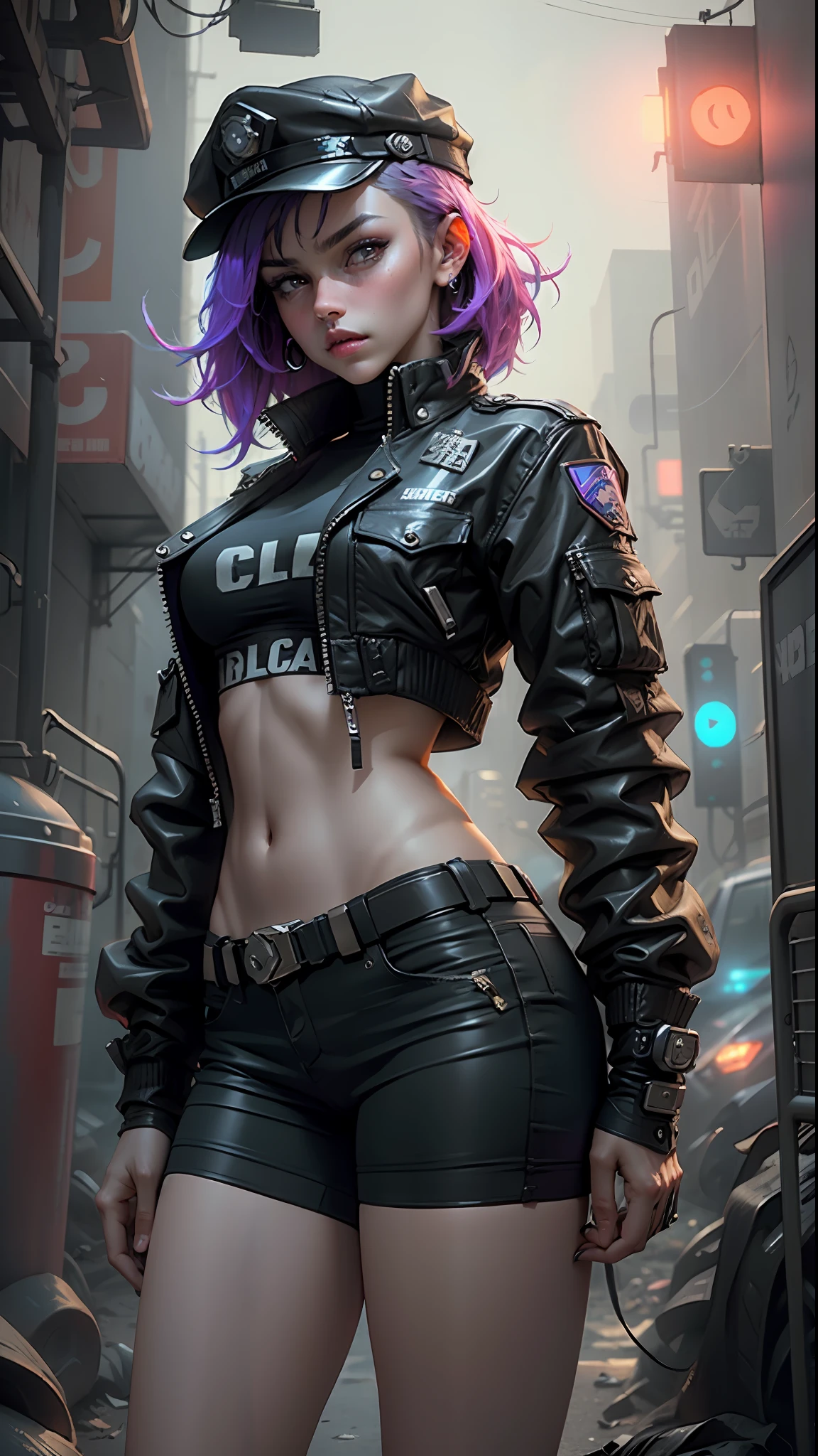 Beautiful woman medium hair, wearing cap, cyberpunk style short clothes, cyberpunk police woman, tomboy