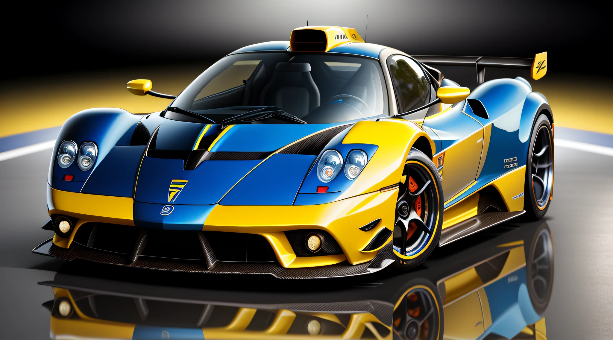 Pagani zonda sports car, yellow color with blue designs, fiberglass cover, running in a car show in esposition in France, Surrealism, ray tracing, reflection light, super detail, award-winning, masterpiece, high quality, highres, 8k, 16k