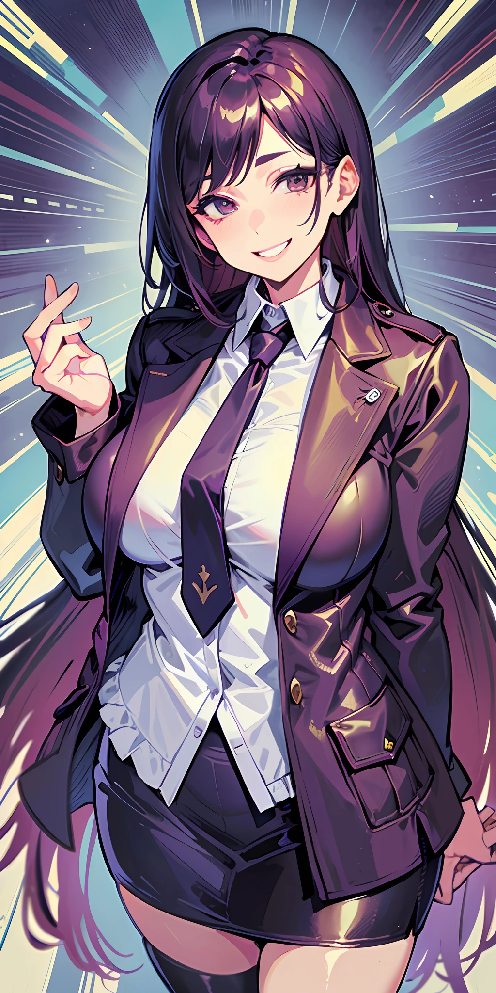 (Masterpiece: 1.6, Best Quality), (Fine and Beautiful Eyes: 1.2), (Overhead), High Quality, Beautiful Face, 1girl, Leather Tight Skirt, Extra Large Leather Jacket, Big Tits, Long Hair, Wide Hips, (Landscaped), Street, Background, Detail Background, Spooky Grin, Angled Laughter at the Corners of Mouth, Long Coat, Shirt, Tie, Office Lady, Mature