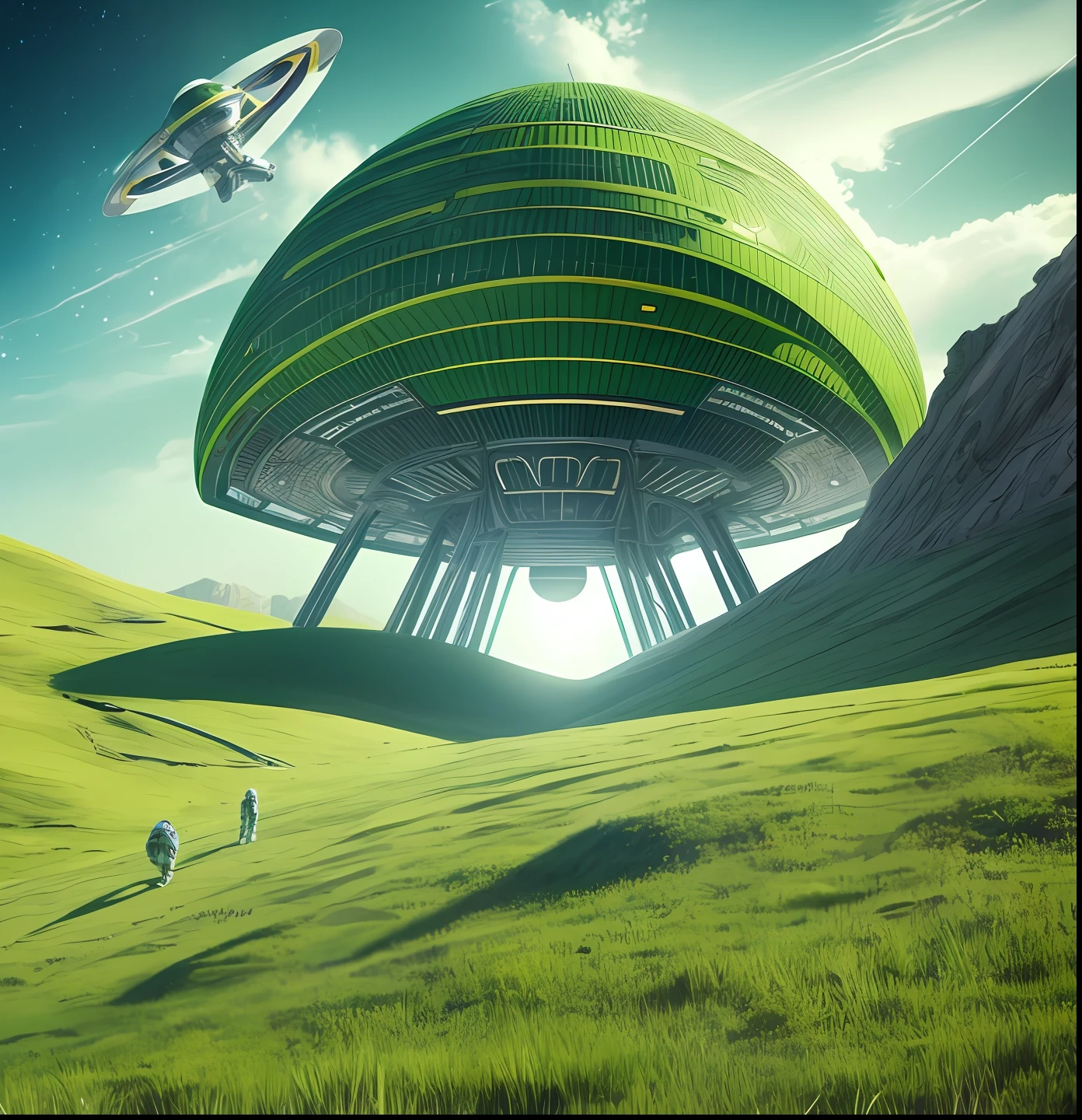 (spaceship,beautiful alien landscape,green, landing, grass, astronauts|explorers, valued lighting) --auto --s2