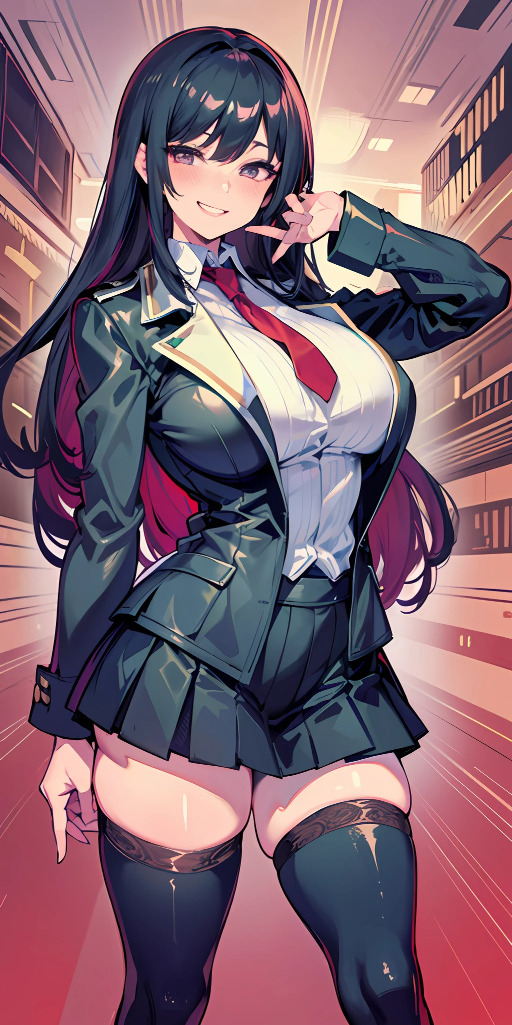 (Masterpiece: 1.6, Best Quality), (Fine and Beautiful Eyes: 1.2), (Overhead), High Quality, Beautiful Face, 1girl, Leather Tight Skirt, Extra Large Leather Jacket, Big Tits, Long Hair, Wide Hips, (Landscaped), Street, Background, Detail Background, Spooky Grin, Angled Laughter at the Corners of Mouth, Long Coat, Shirt, Tie, Office Lady, Mature