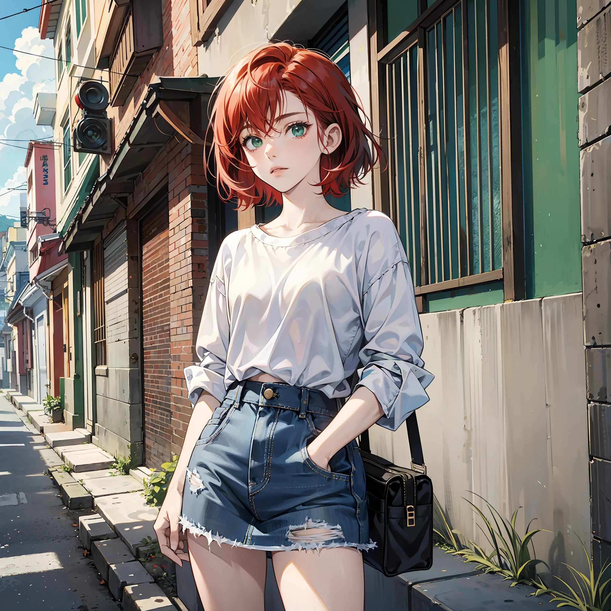 trans girl, trans fem, girl, young, ager, short hair, red hair, red hair, white skin, brazilian, mixed-race, round eyes, green eyes, cool, sad, long gray shirt, blue jeans skirt, background image is rio de janeiro anime version, anime, 2d character, trans, small breasts, androgynous --auto --s2