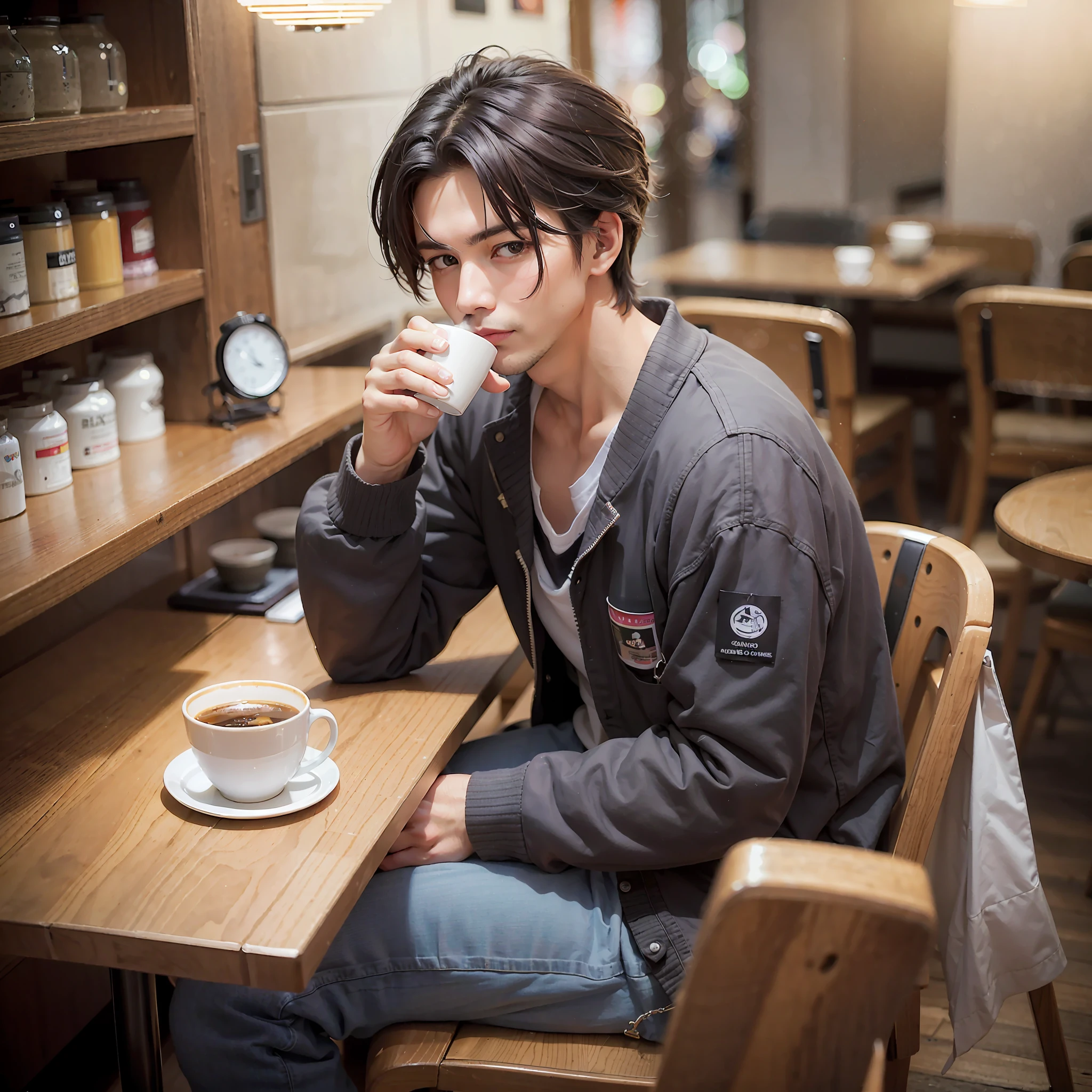 "Sitting at a table in a (best quality) café, a (23-year-old) dark-haired (man) is drinking coffee (in Japanese), it's dark around and the lights in the store are shining on (the man) (most beautifully). )」 --auto --s2