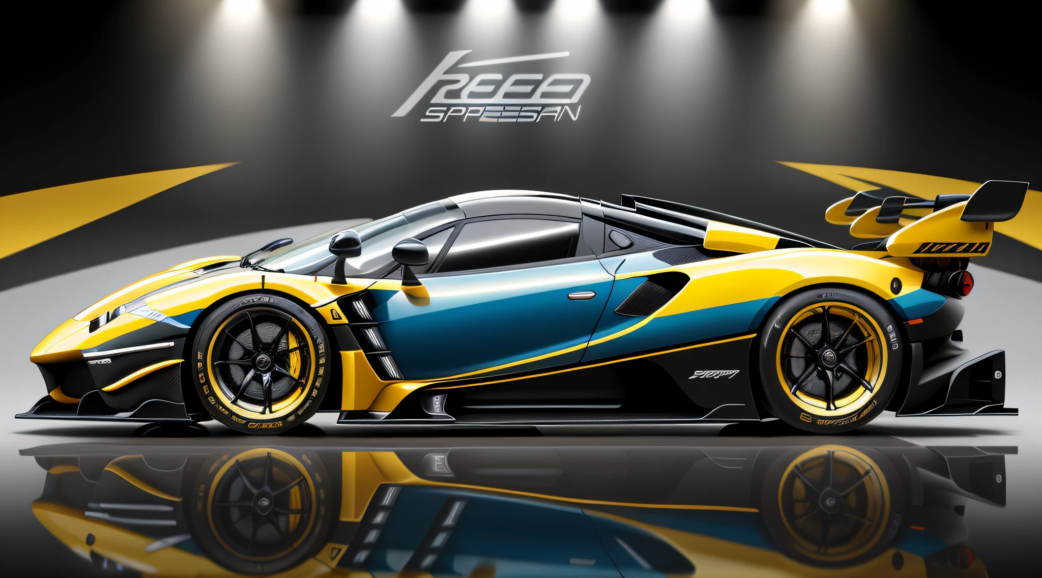 Pagani zonda sports car, yellow color with blue designs, fiberglass cover, running in a car show in esposition in France, Surrealism, ray tracing, reflection light, super detail, award-winning, masterpiece, high quality, highres, 8k, 16k