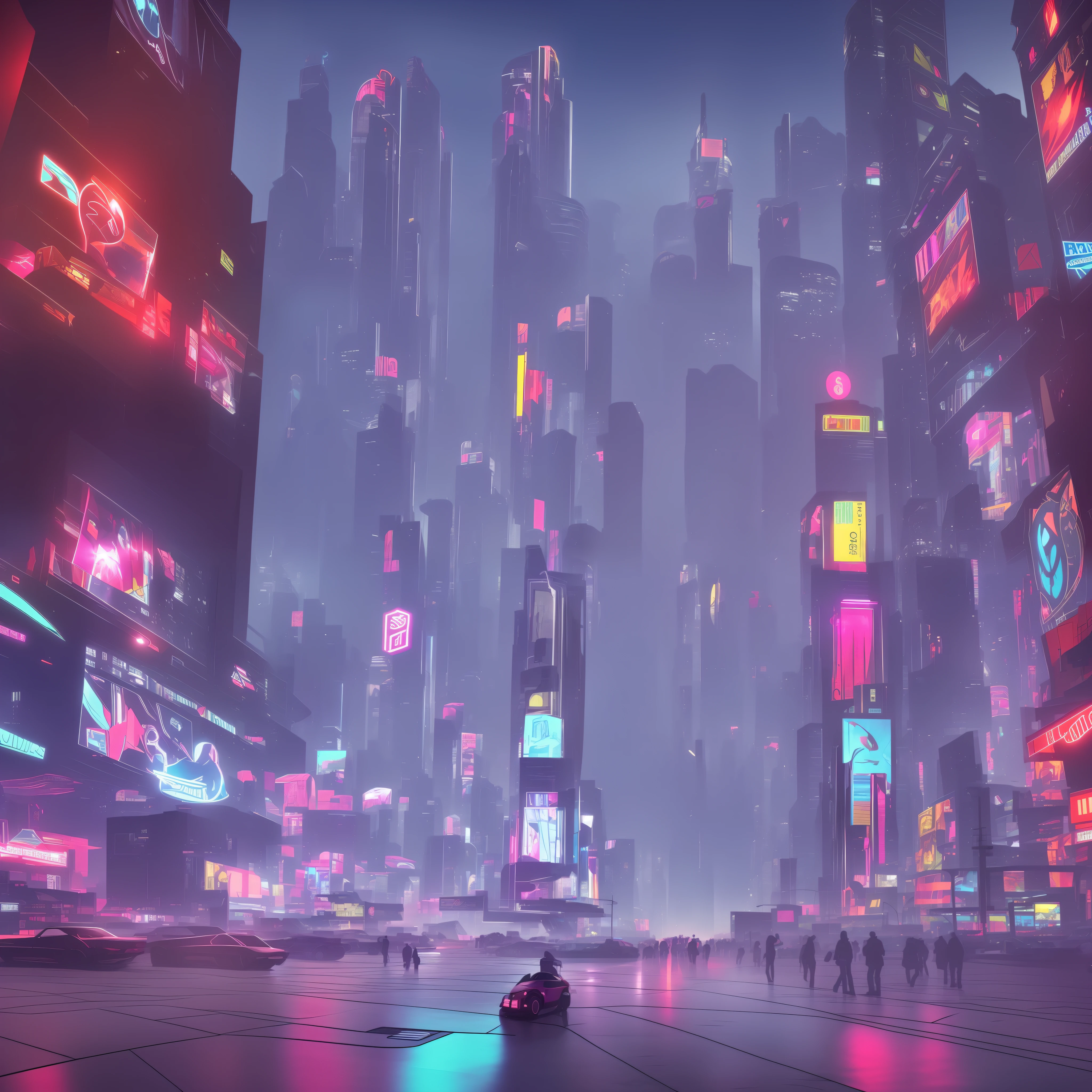 Generate a highly detailed, futuristic wallpaper image in a 16:9 resolution, depicting a cyberpunk city. The image should subtly but prominently incorporate elements of video games. Include intricate details that reflect the cyberpunk aesthetic, such as gleaming skyscrapers, flickering neon lights, holographic billboards, and bustling streets. Integrate iconic video game elements, such as masked characters, logos of well-known games, or references to popular titles, in a way that seamlessly blends with the cityscape. Leave a prominent space in the center of the image to insert a custom logo. The logo should reflect your own design and can represent your brand, username, or any element you wish to highlight. Ensure that the logo integrates harmoniously with the rest of the image, complementing the cyberpunk aesthetic and gaming theme, and adding a distinctive personal touch to the overall composition --auto --s2