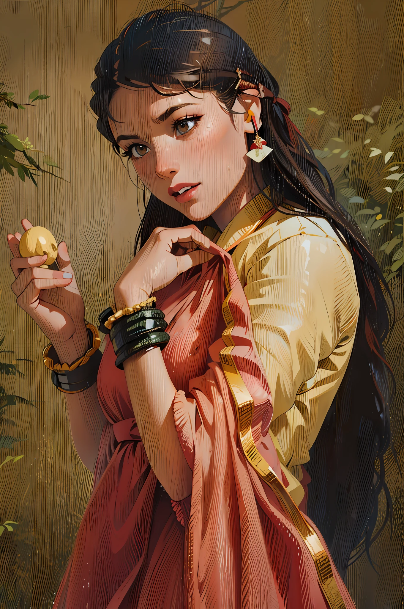 a hyper-realistic portrait of a young woman, half asleep, under a tree, inside a forest, lots of rain, in the middle of nature, 22 years old, realistic, (lying on her side), she is wearing a red panties, (wearing minimal dress), sexy, (huge breasts 2:1), wet clothing, short brown hair, (hair tied with bows), curved, SFW
