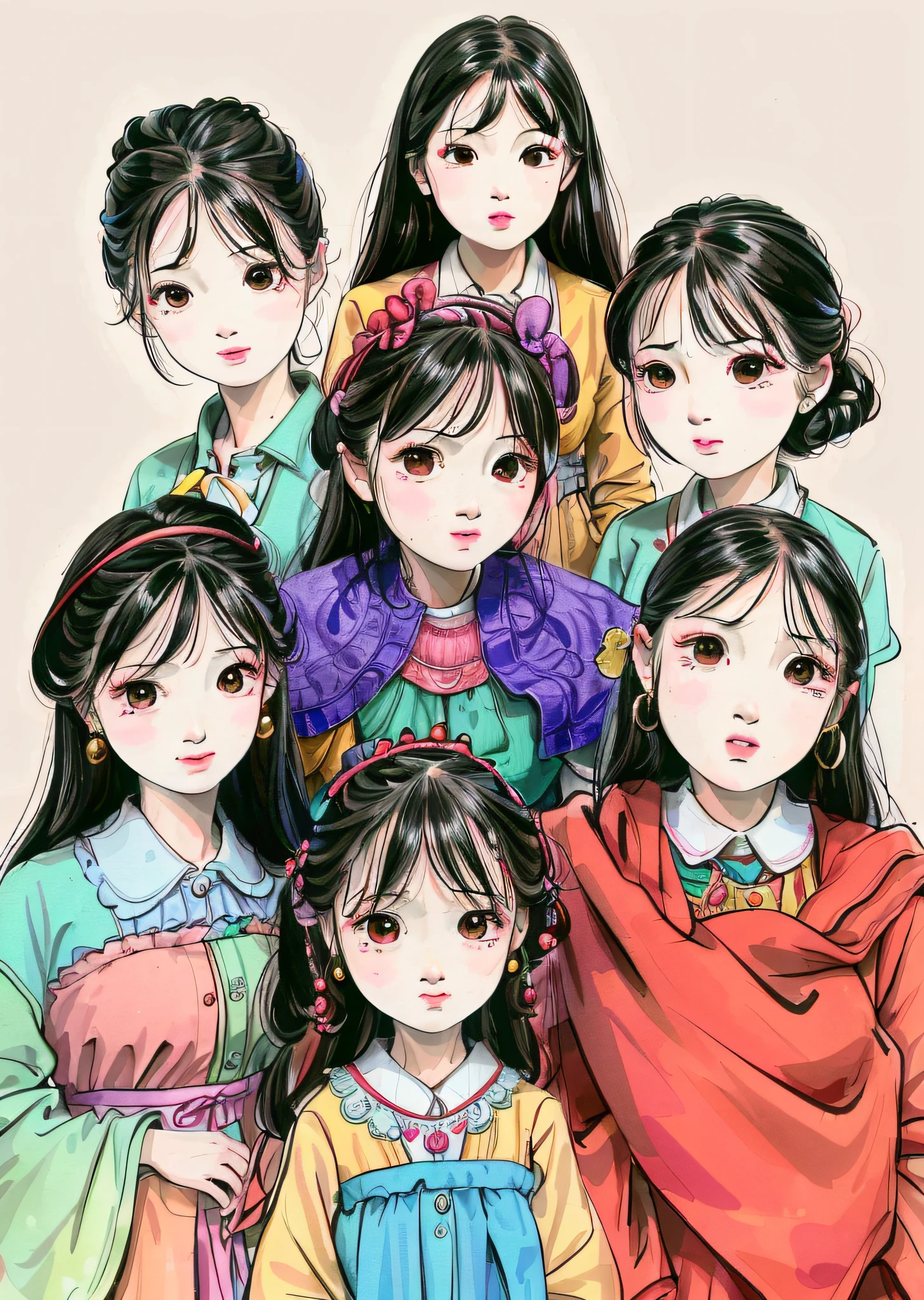 there are many different colored drawings of a group of women, cute girls, inspired by Pacita Abad, lovely detailed faces, children illustration, women's faces, cute faces, diverse eyes!, with wet faces!!, by Verónica Ruiz de Velasco, different women's faces, by Pacita Abad, inspired by JoWOnder, multicolored faces, diverse faces