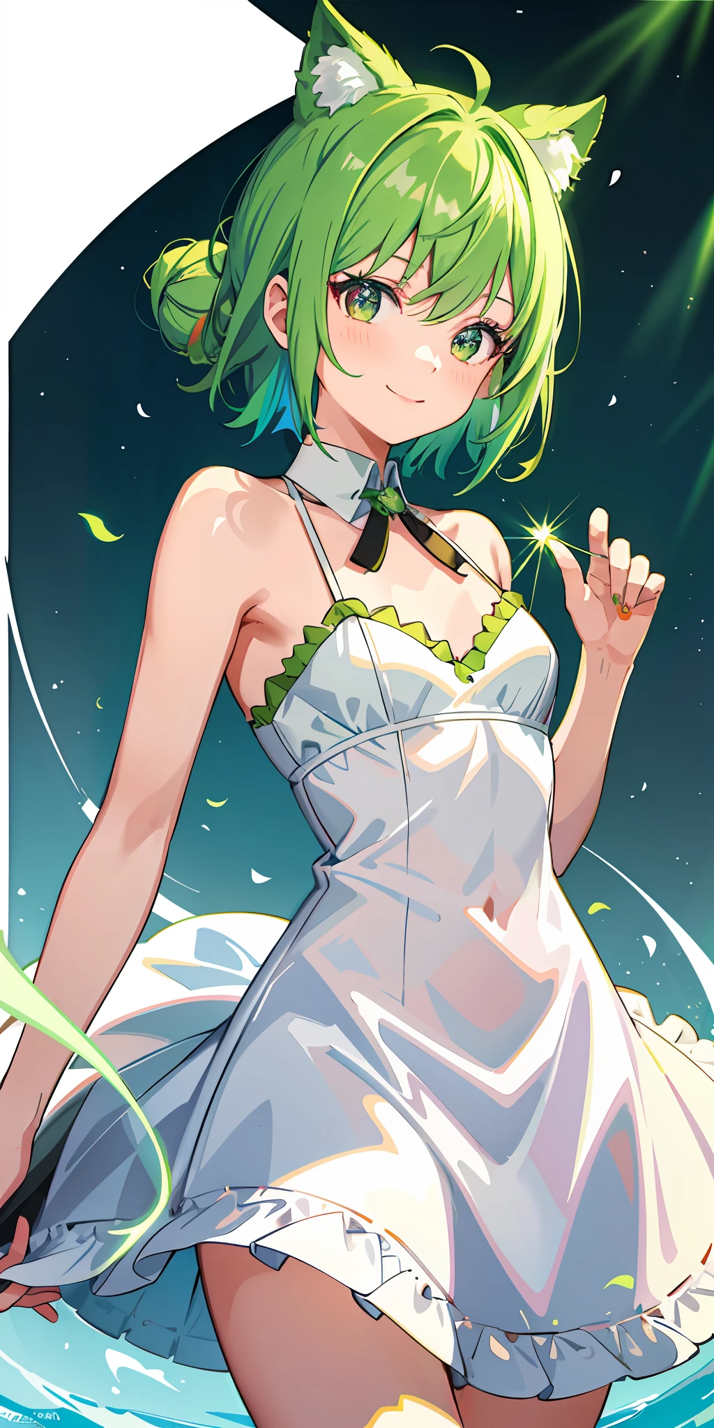 1girl, bright, green hair, bun hair, short hair red eyes, multicolored hair, saleme, head mask, side lights, light particles, wallpaper, small breasts, idol, swimsuit, loose fluffy, smile, gentle, clear, loli