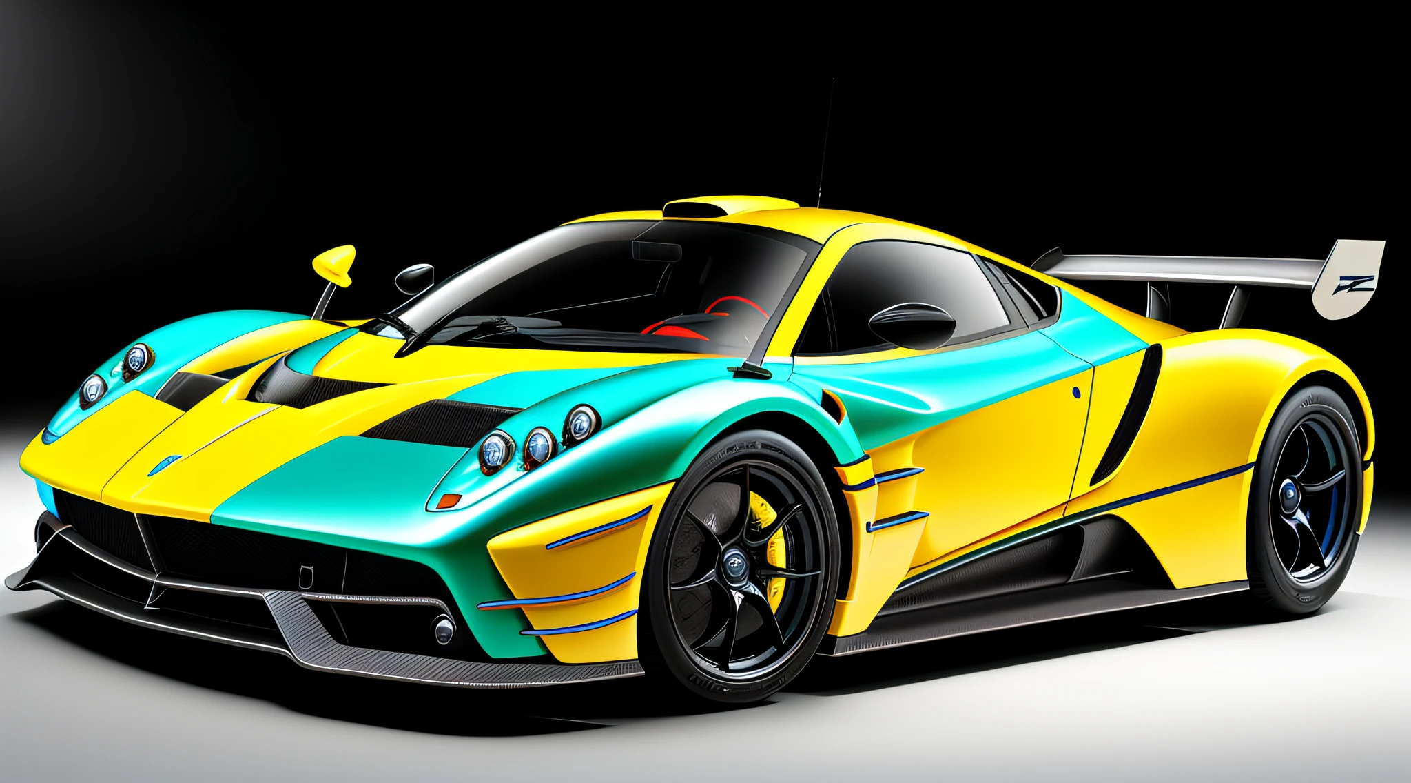 Pagani zonda sports car, yellow color with blue designs, fiberglass cover, running in a car show in esposition in France, Surrealism, ray tracing, reflection light, super detail, award-winning, masterpiece, high quality, highres, 8k, 16k