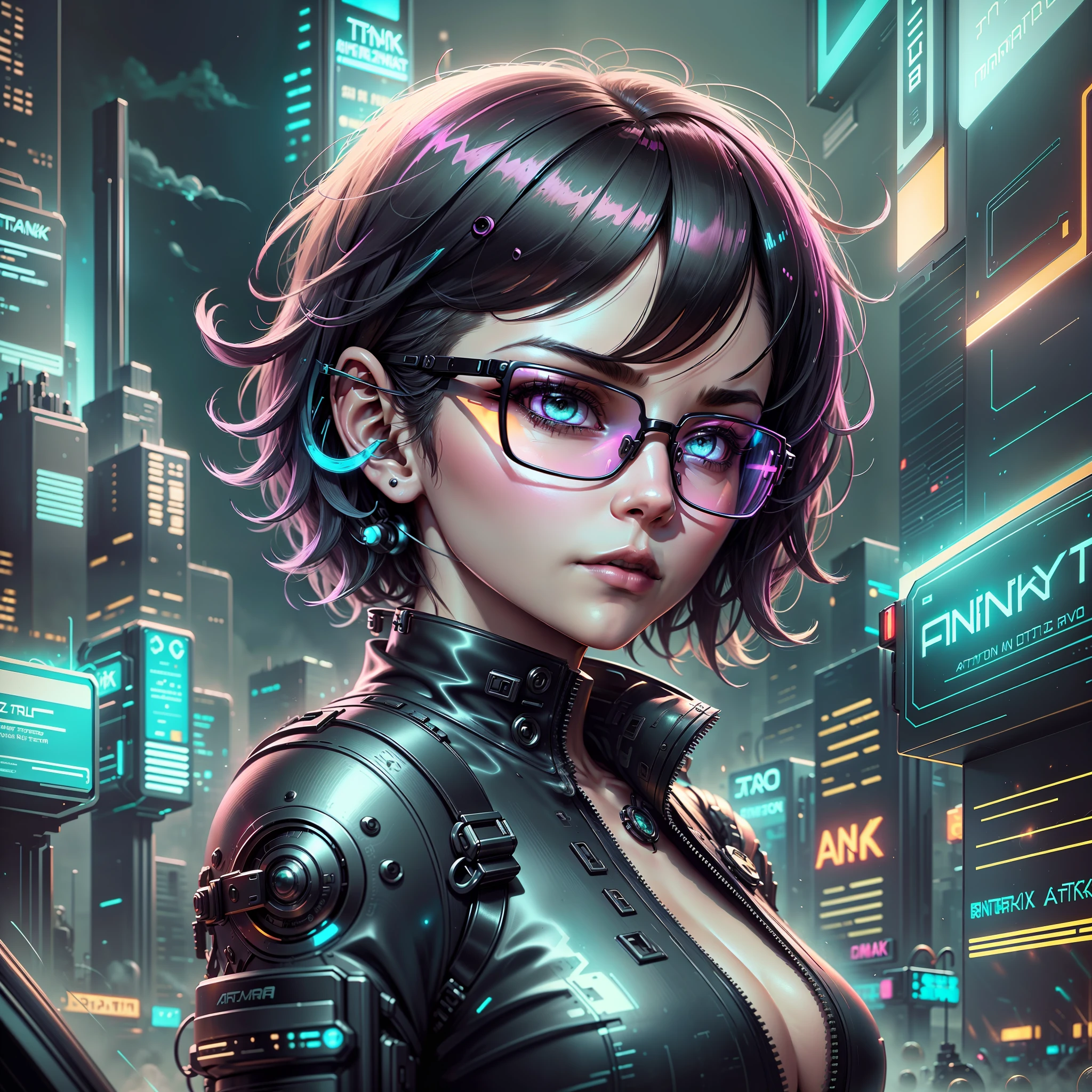 semi-realistic girl, short hair, aviator style steam pank glasses, cyberpunk style, futuristic,neon city, complex details, drawing, dark, dark, night scenery, flying cars, chinese license plates --auto --s2