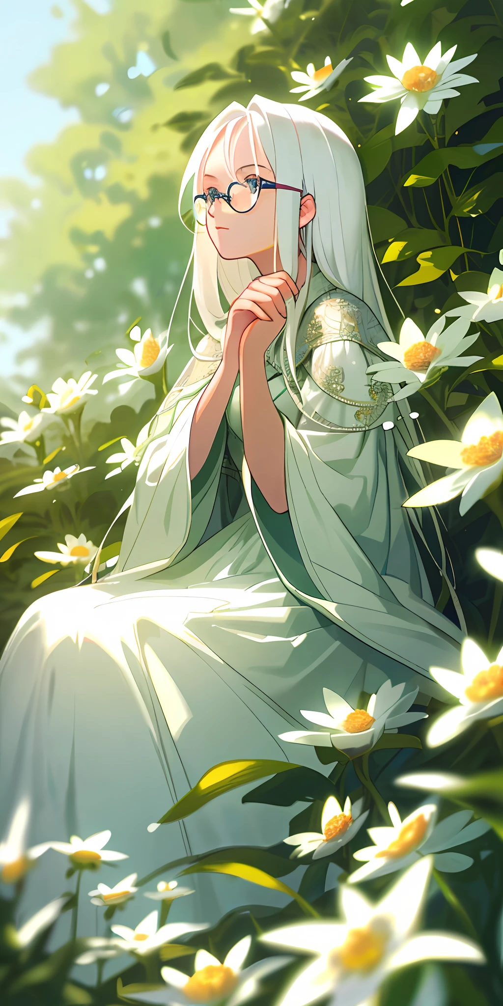 (Masterpiece, best quality), 1 long girl with white hair sitting in a field of greenery and flowers, her hands under her chin, warm light, white dress, half, up close, looking at the camera, extremely exquisite beauty, extremely exquisite glasses, blurred foreground