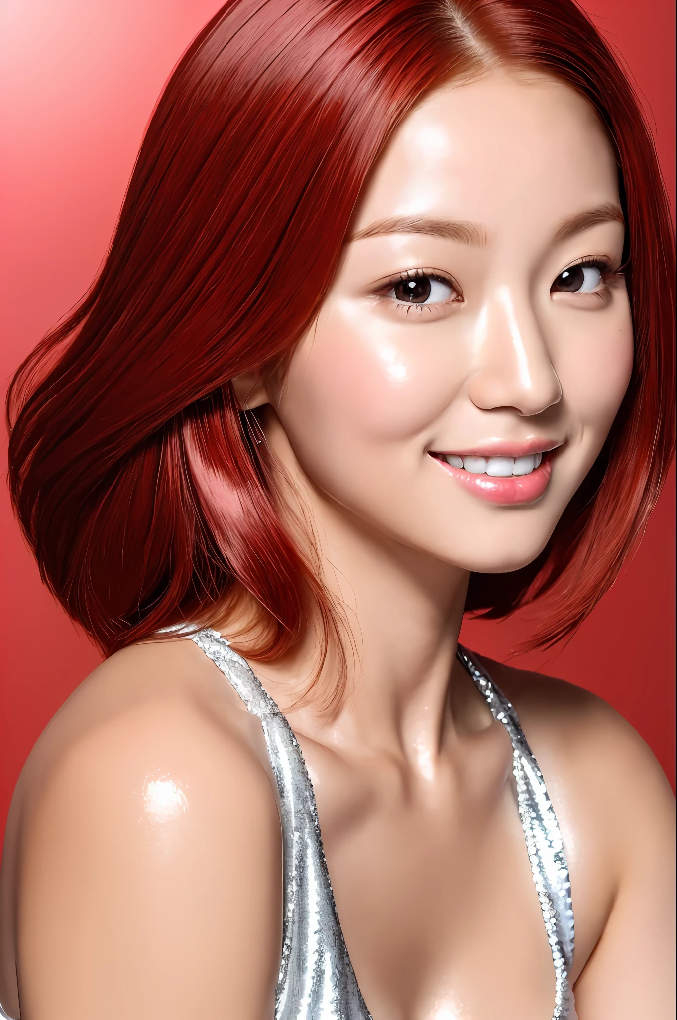 Photorealistic, 1girl, (realistic: 1.5), (masterpiece, extremely detailed, best quality, high resolution: 1.2), (ultra_detailed, UHD: 1.2), detailed face, Korean, (shiny skin:1.3), K-pop idol, ulzzang, smile, (short reddish red hair), (room background), ((detailed background)), sensual