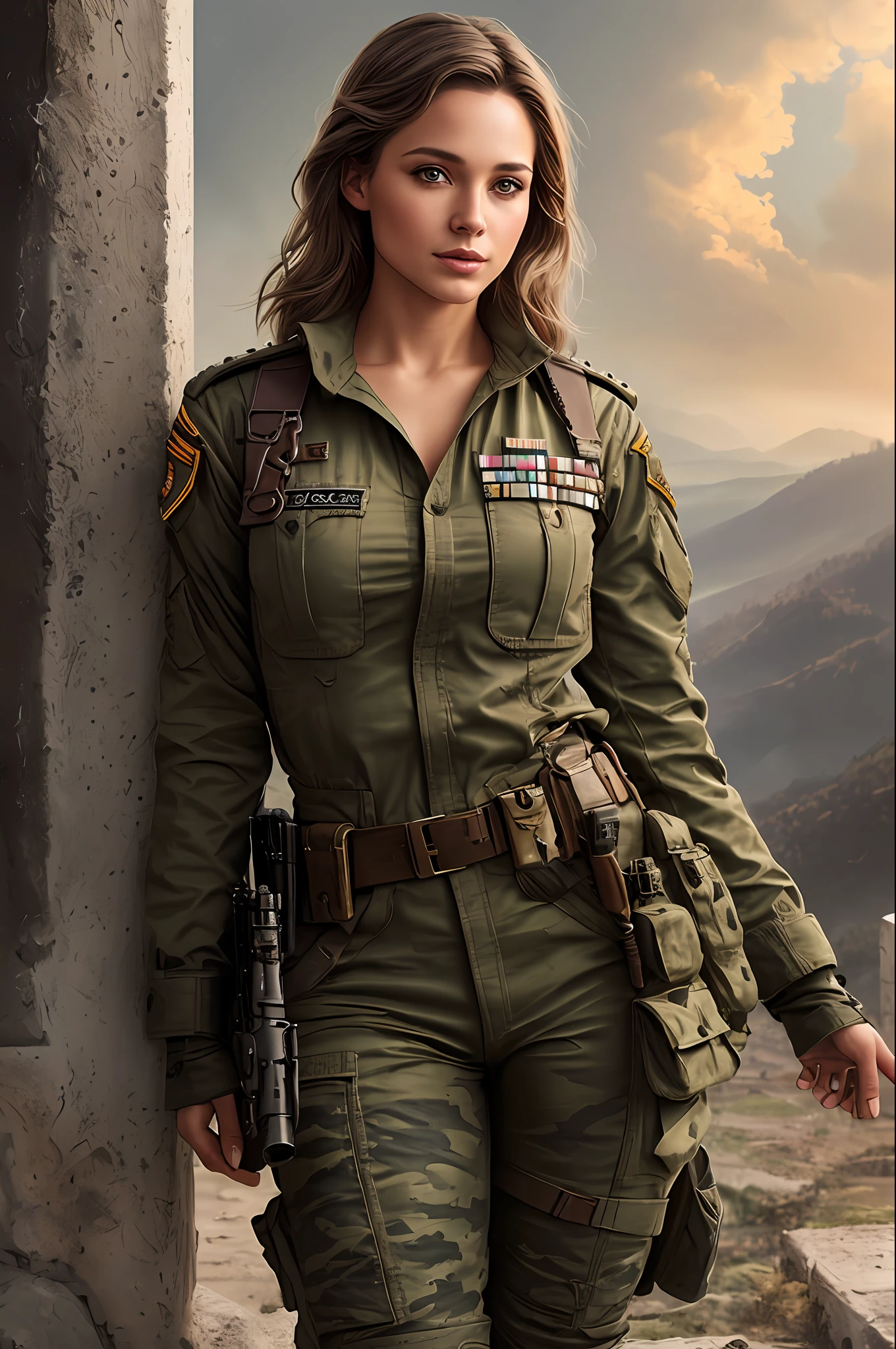 Cinematic landscape, a ultra-detailed hyperrealistic photography of a beautiful ukranian soldier woman, in a florest, ukraine aesthetics, short hair, night, curvy, beautiful curves, army aesthetics, tattered outfit, high emphasis on detail, style Semi Impasto, matte painting, atmospheric, glowing, dramatic lighting, beautiful eyes, symmetric eyed, perfect eyes, by Magali Villeneuve