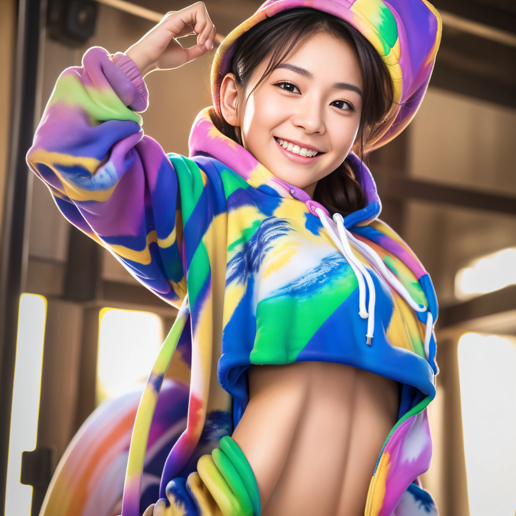 (Masterpiece, BestQuality:1.1), (ultra detailed 8k cg:1.2), (hyperrealistic:1.35), (Photorealistic:1.45), (realistic:1.4), [cowboy shot], (Soft lighting),
1 beautiful Japanese girl, 20 years old, supermodel, Japanese Idol, (smile), Huge Breasts, Sweat skin,
{ (colorful Baggy camisol:1.2), | (colorful Baggy hoodie:1.2) }, [[muscle]],
at traincarriage , (from side:1.3),