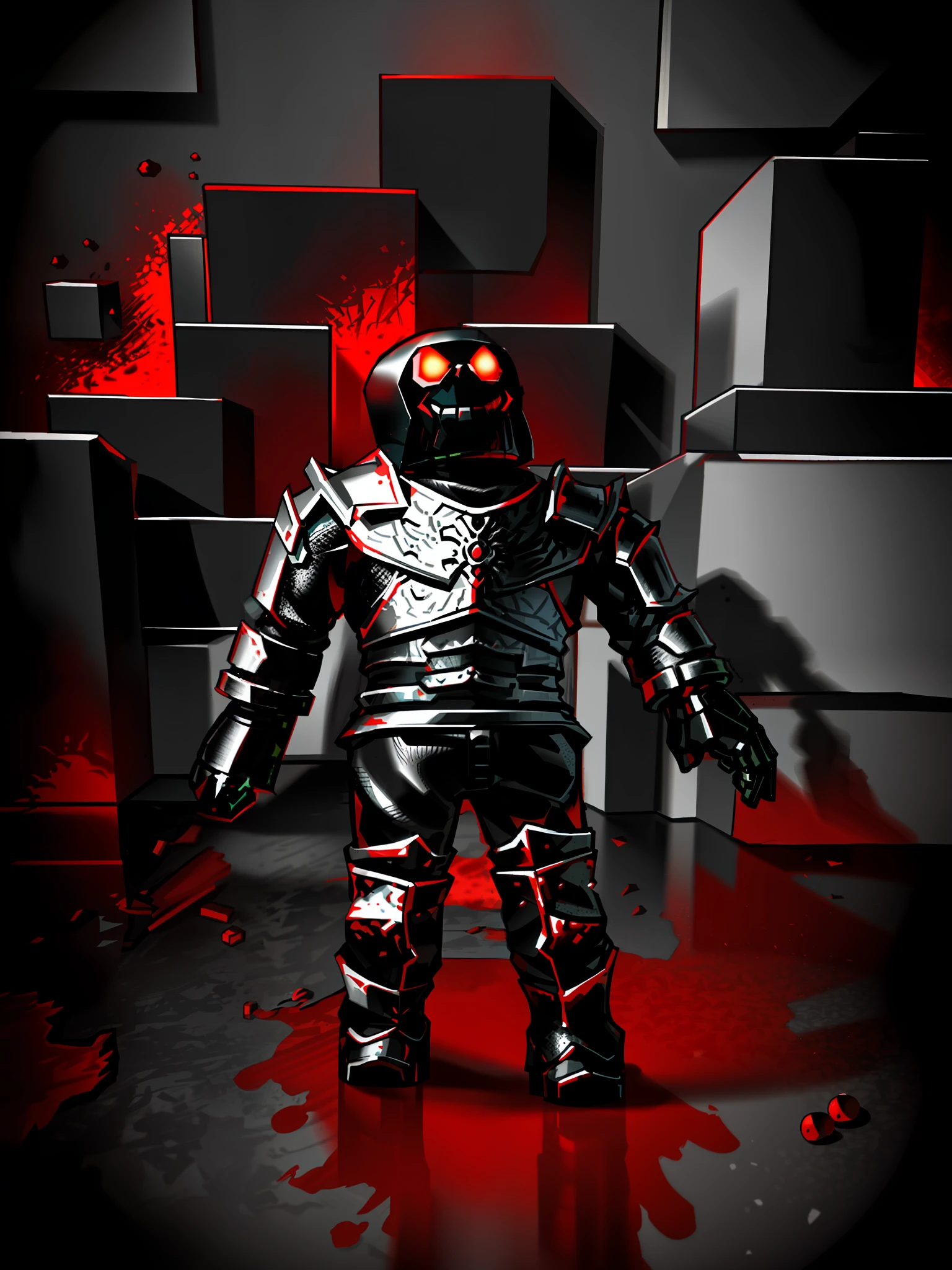 there is a small toy that is standing in a room, in a dark space mercenary outfit, chrome outfit, roblox avatar, white scary skin, lord of cinder, goth cybersuit, as a fortnite character, wearing a skeleton armor, full dress of lava showcase, black shiny armor, dark grey skin, blacksmith's outfit, burnt armor a close up of a toy figure with a red light on his face, roblox avatar, evil standing smiling pose, fully red eyes no pupils, nightmare render, faceless people dark, with red glowing eyes, pitchblack skin, shadowy and eerie character, he is pitch black