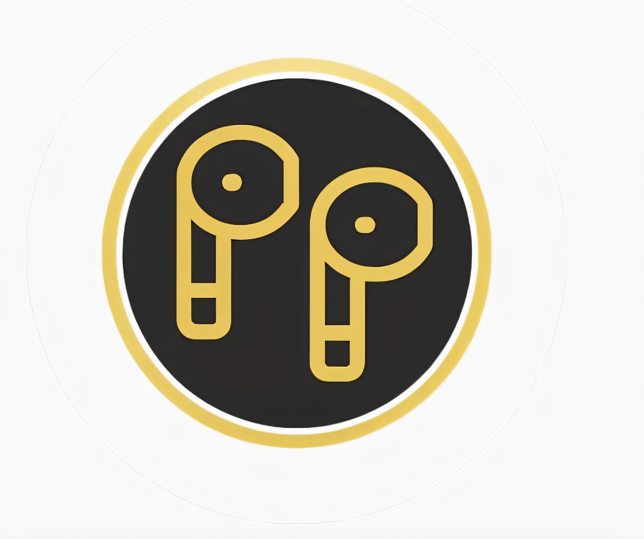 a pair of earphones with a gold logo on a black background, earbuds, earbuds jewelry, bling airpods, rounded logo, airpods, icon, app icon, flat icon, earphones, taken on iphone 14 pro, in icon style, gadget, without duplication noise, icon for an ai app, premium, uploaded, leaked image, official product photo, digitally enhanced