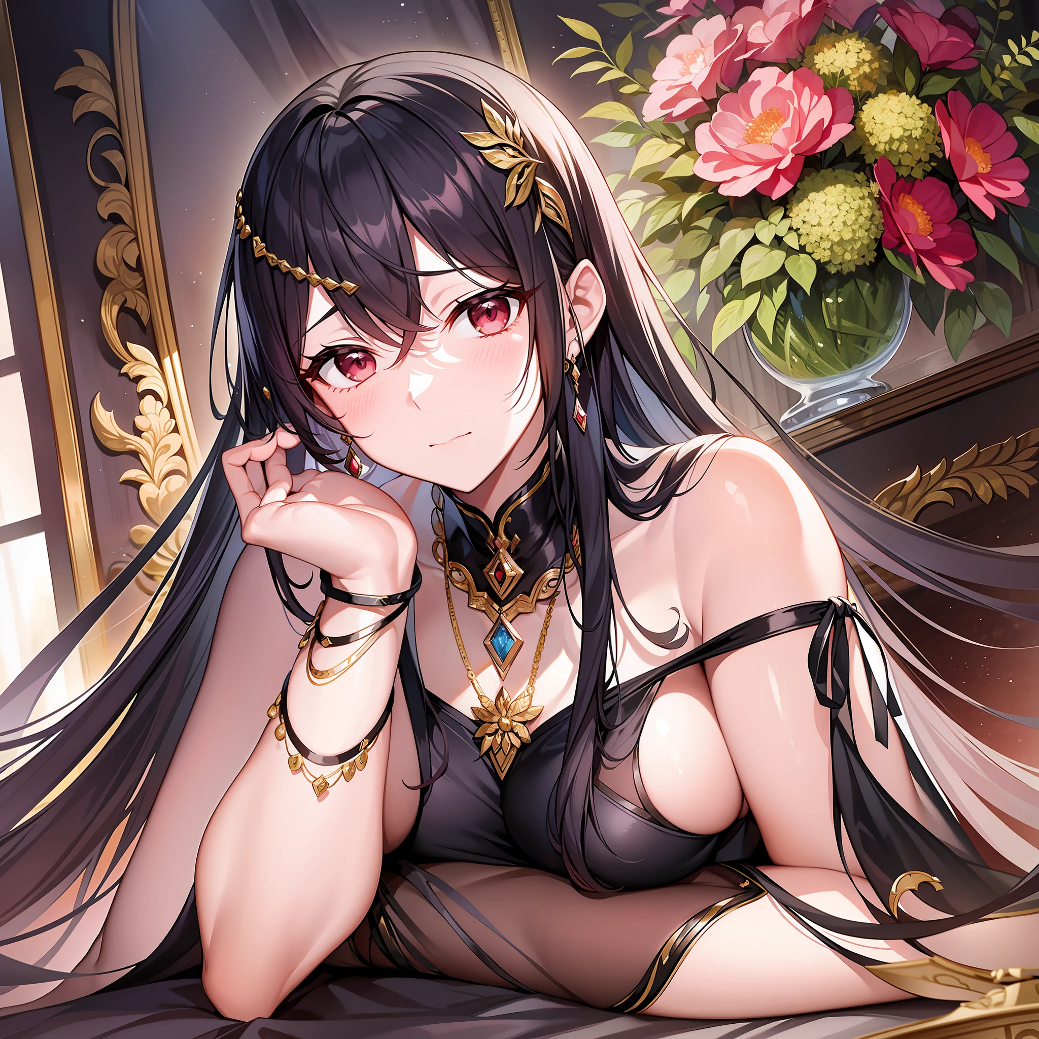 In this quiet bedroom, the black-haired female emperor sitting on the edge of the bed looked shy and feminine. She wore a gorgeous red long dress, her long black hair was draped over her shoulders, and her pretty face showed a brave and gentle demeanor. She sat on the edge of the bed, her knees gently pressed together, her left hand supporting her chin, and her right hand caressing the hem of her skirt, like a gentle bird. The whole picture is dominated by light pink and deep red, highlighting the gentleness and beauty of the female emperor. The background is night The female emperor shows a shy and gentle temperament through her expressions and body language. Her eyes spread a kind of clarity and softness, as if giving people a sense of courage and comfort. Her body language does not hide her shyness, which is a delicate and feminine expression. The whole picture conveys a gentle and idyllic atmosphere. The side face of the female emperor is like a silent picture scroll, making people feel the beauty and emotion of this moment. It is an undisguised tenderness and vulnerability, a treasure that makes people feel emotion, and also shows the tenacity and courage of the female emperor, and her image is even more charming in the combination of softness and perseverance