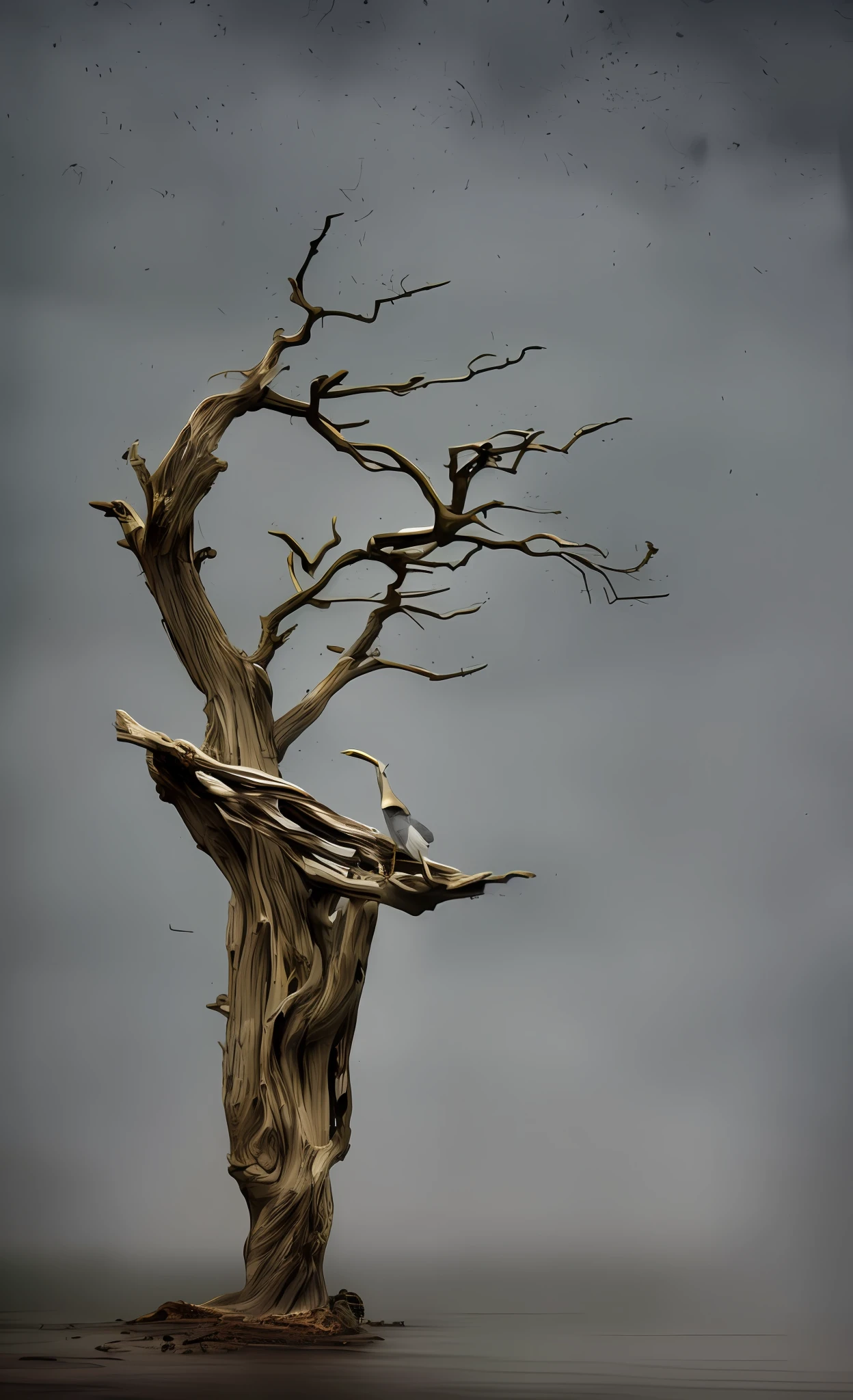 there is a bird that is sitting on a tree branch, dead tree, in the shape of a ent, driftwood sculpture, driftwood, an old twisted tree, distant knotted branches, dead tree forest, ent, dry trees, dead forest, old tree, dead forest background, under a gray foggy sky, natural overcast lighting, sculpture made of wood
