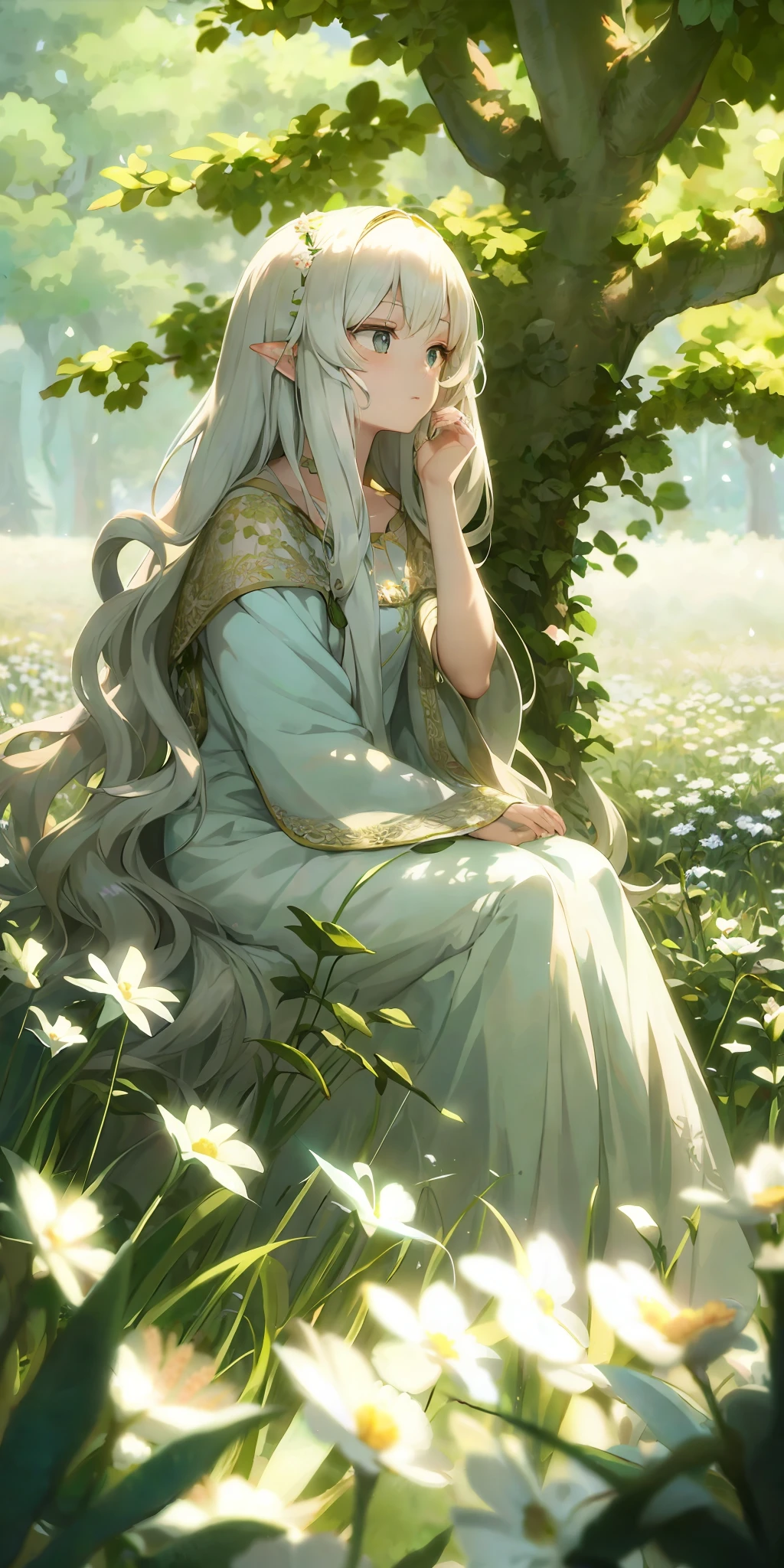 anime girl sitting in a field of daisies with a tree in the background, ((a beautiful fantasy empress)), white haired deity, elven princess, galadriel in lothlórien, flowing hair and long robes, beautiful elven princess, lovely languid princess, with long white hair, anime girl with long hair, of elven queen galadriel