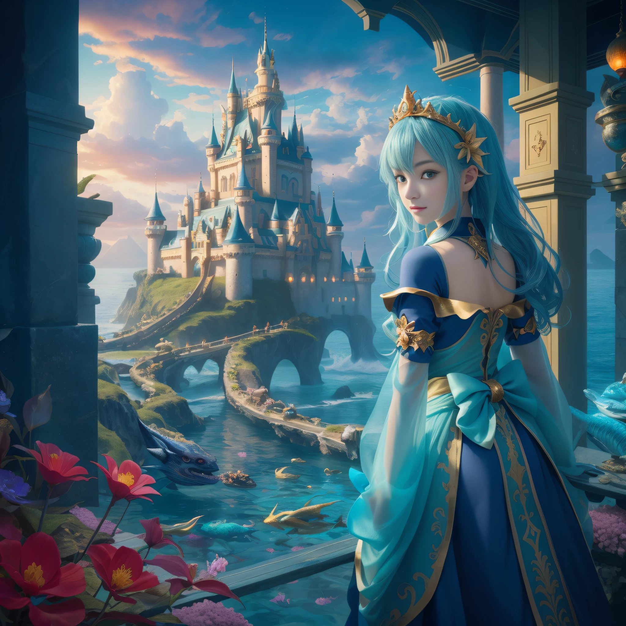ultrahd, fairy tale, one girl in the Dragon King's Palace, (maximism: 1.8),
background(deep sea, into the sea, into the water), beautiful flowers, best detailed castle, a lot of fish