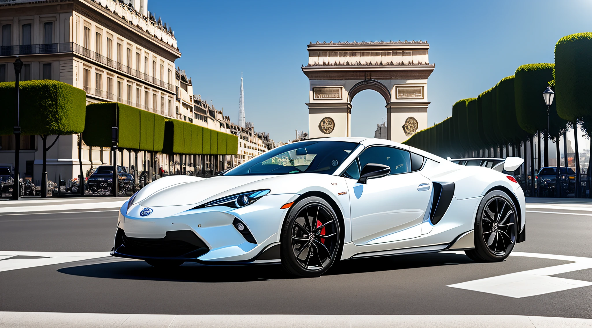 toyota sports car, white color, fiberglass cover, running on the streets of france, background near Arc de Triomphe, Surrealism, ray tracing, reflection light, super detail, award-winning, masterpiece, high quality, highres, 8k, 16k