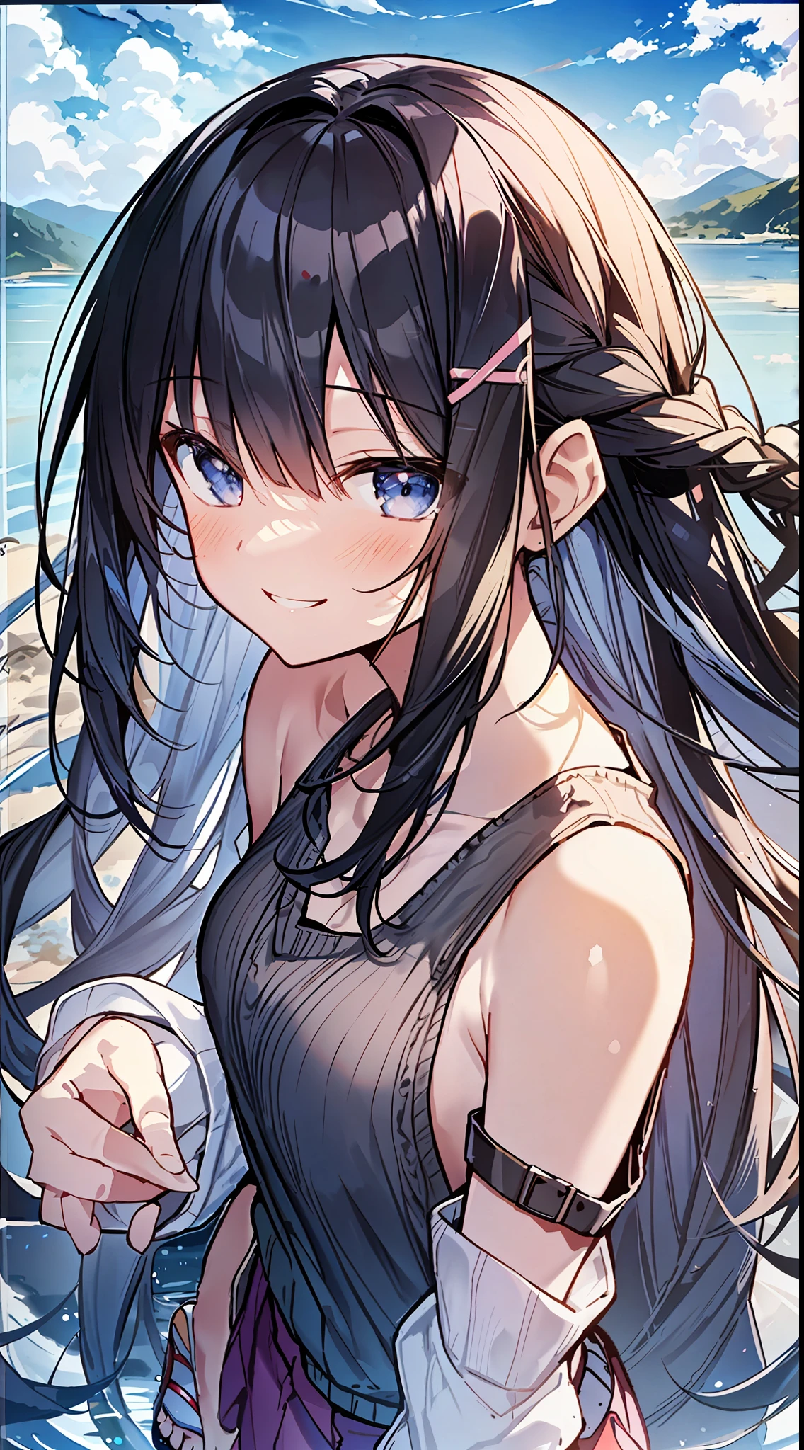 Top Quality, Masterpiece, Ultra High Definition, 8K, Summer Sky, Early Summer, (((Short Skirt + Long Length Cardigan + White Tank Top + Sandals)), Shojo Manga Style Loli, Alone, Soft Line Art, Digital Enhancement, Shojo Manga Touch, Shojo Manga Core, Flowing Fabric, Close Up, (Hair length to shoulders and short braids)), wet hair, staring at us from the front, Soft drawing, beautiful black hair, clear eyes, ((teasing smile)), ultra-detailed digital anime art, clear face depiction, ultra-detailed shoujo manga character art, ultra-detailed manga style, top quality colors, hand gestures, landscape with nature, looking up at the sky, angle to see up to your feet
