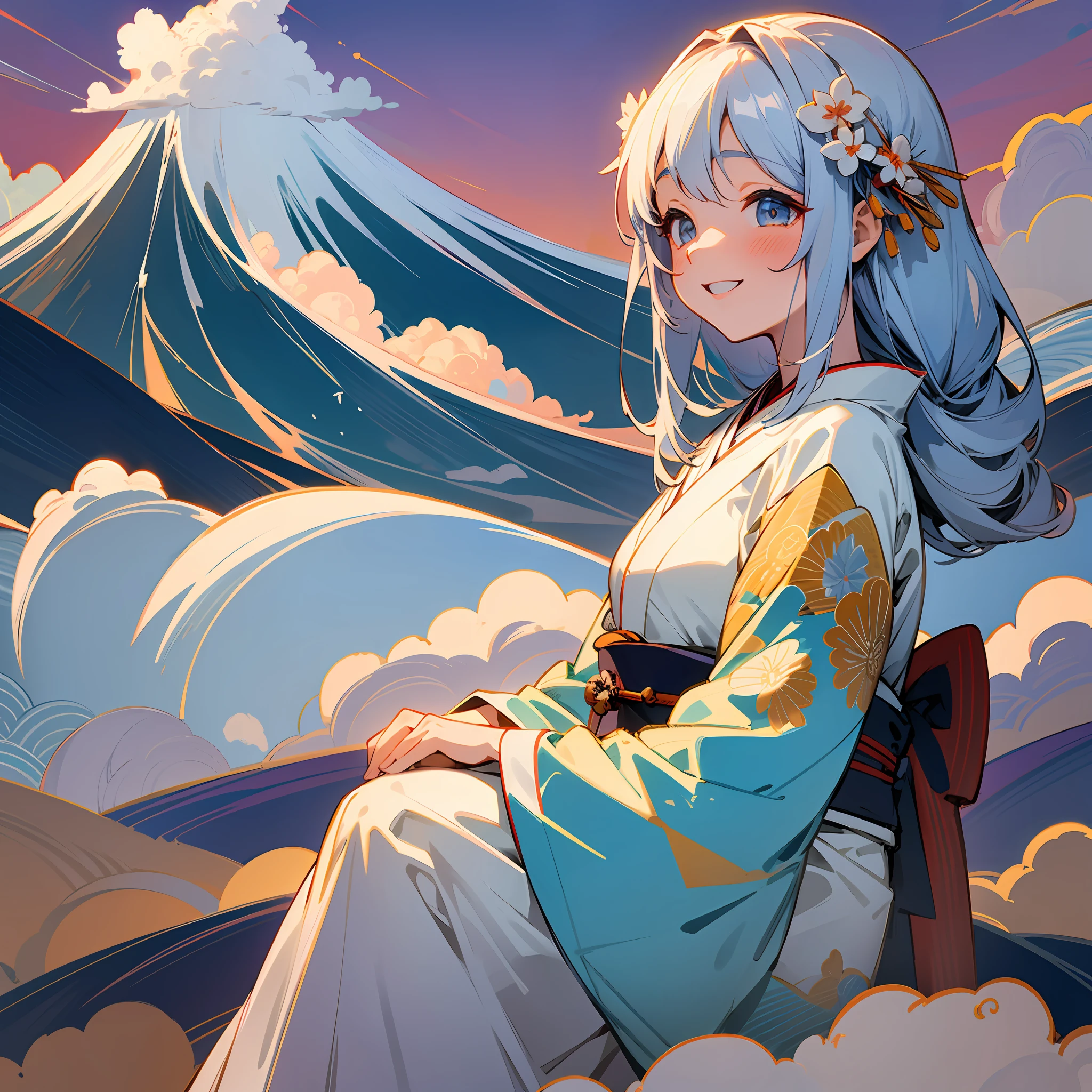 Girl in kimono sitting on clouds with Mount Fuji in background and laughing, clouds, shining light, sea of clouds, soul, myth, rising sun, rising sun, Mount Fuji, girl, --auto --s2