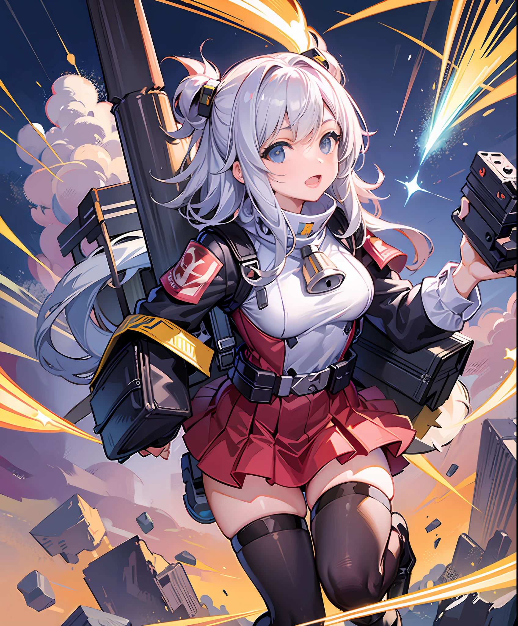 rocket launcher, squadron, rocket launcher carry, rocket launcher love, hero, girl, hero costume, ally of justice, turn into a hero, town, cute, masterpiece, high definition, 16k, illustration, detailed hands, detailed feet