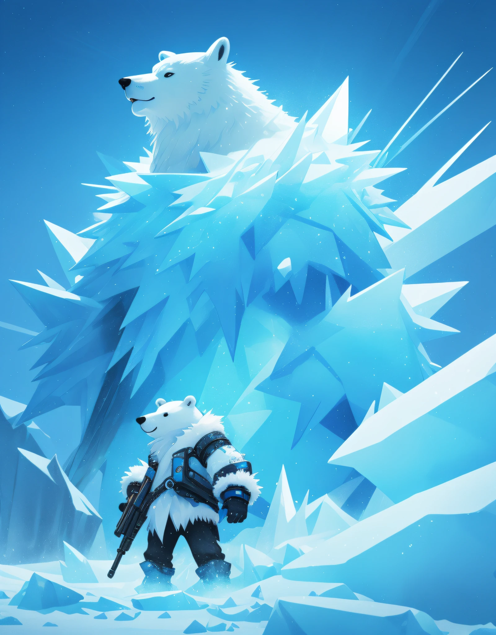 Polar Bear, male, white-blue fur, spiked ice-blue mohawk, ice blue punk clothing, a icy wind blowing all around him, snow shards, sparkles of shimmering snow, masterpiece, best quality, ((In Cryopunk style))