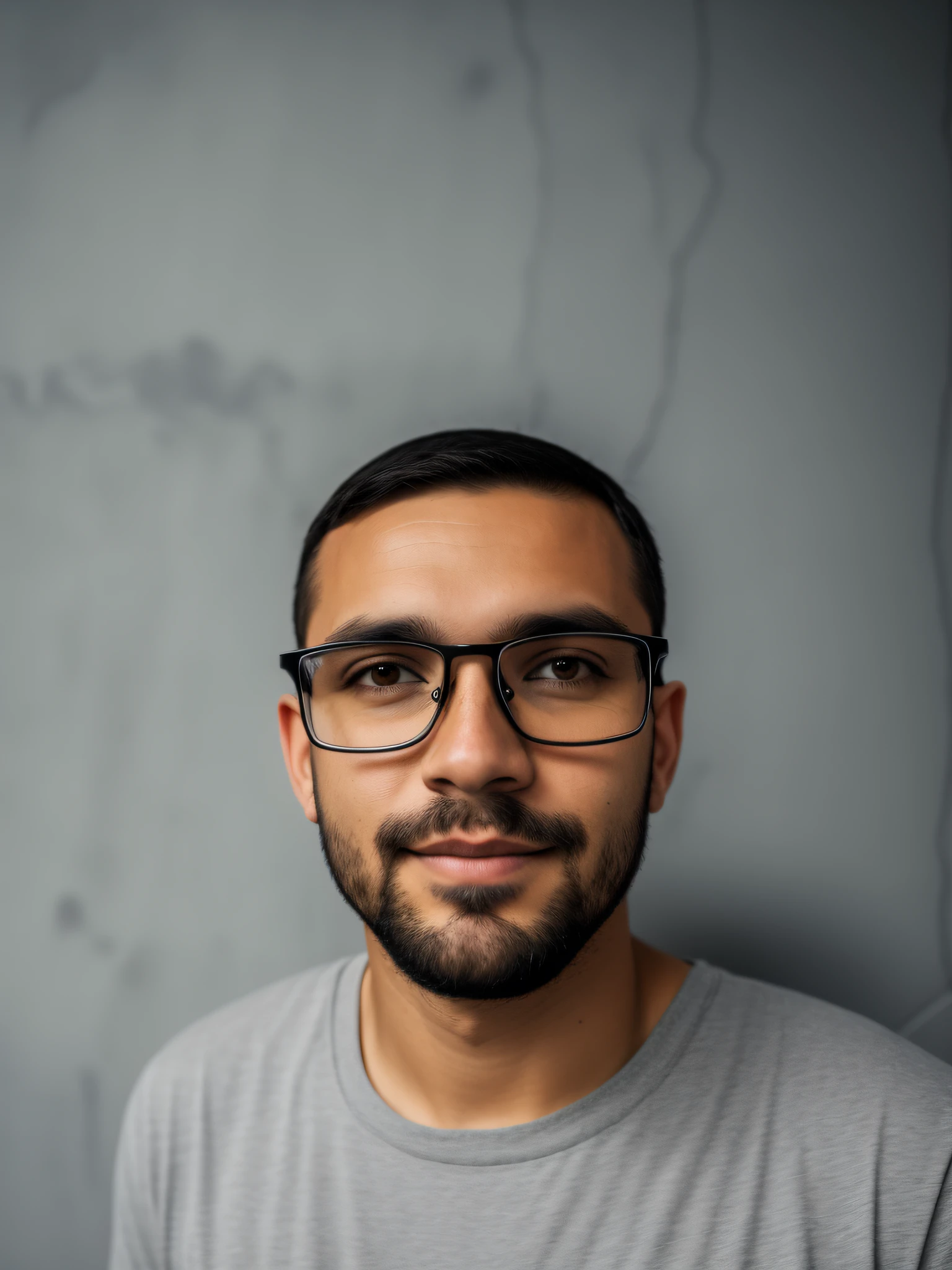 There's a man with a thin beard wearing black glasses and a gray shirt, staring into the camera with a gray wall in the background, all in high quality.