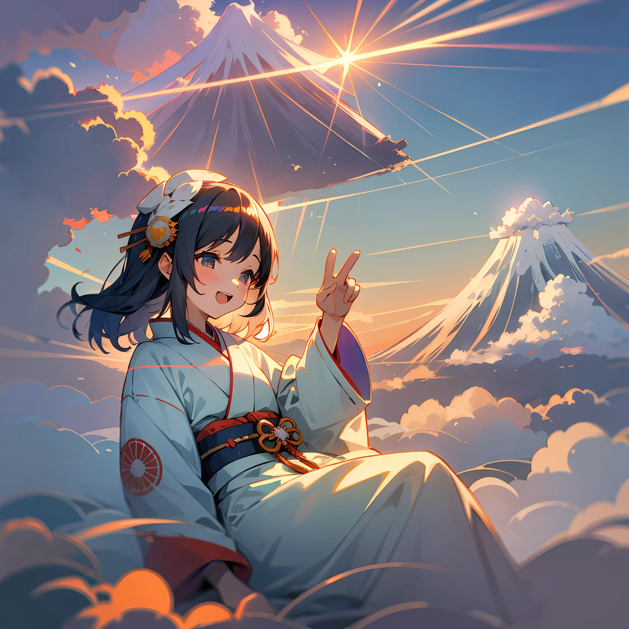 Girl in kimono sitting on clouds with Mount Fuji in background and laughing, clouds, shining light, sea of clouds, soul, myth, rising sun, rising sun, Mount Fuji, girl, --auto --s2