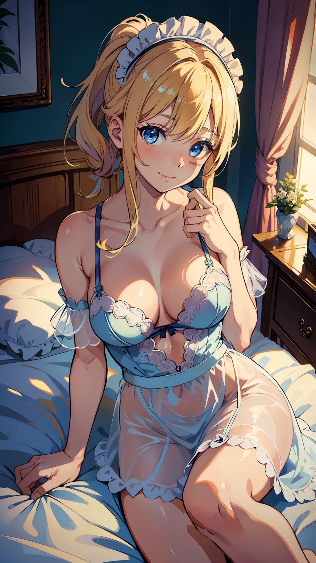 ((8k, masterpiece, highest quality)), super high resolution, best shadows, illustrations, high detail, very detailed, solo, blonde hair, beautiful hair, blue eyes, shining eyes, beautiful detailed eyes, undressing, sheer maid clothes, maid clothes with fine beautiful embroidery, mini skirts, cute, cute, smile, medium hair, half up ponytail, medium chest, cleavage, white and beautiful body, shy, blush, constricted, upper body, cowboy shot, light blue lace underwear, transparent underwear, lying on bed, seductive pose, bedroom,