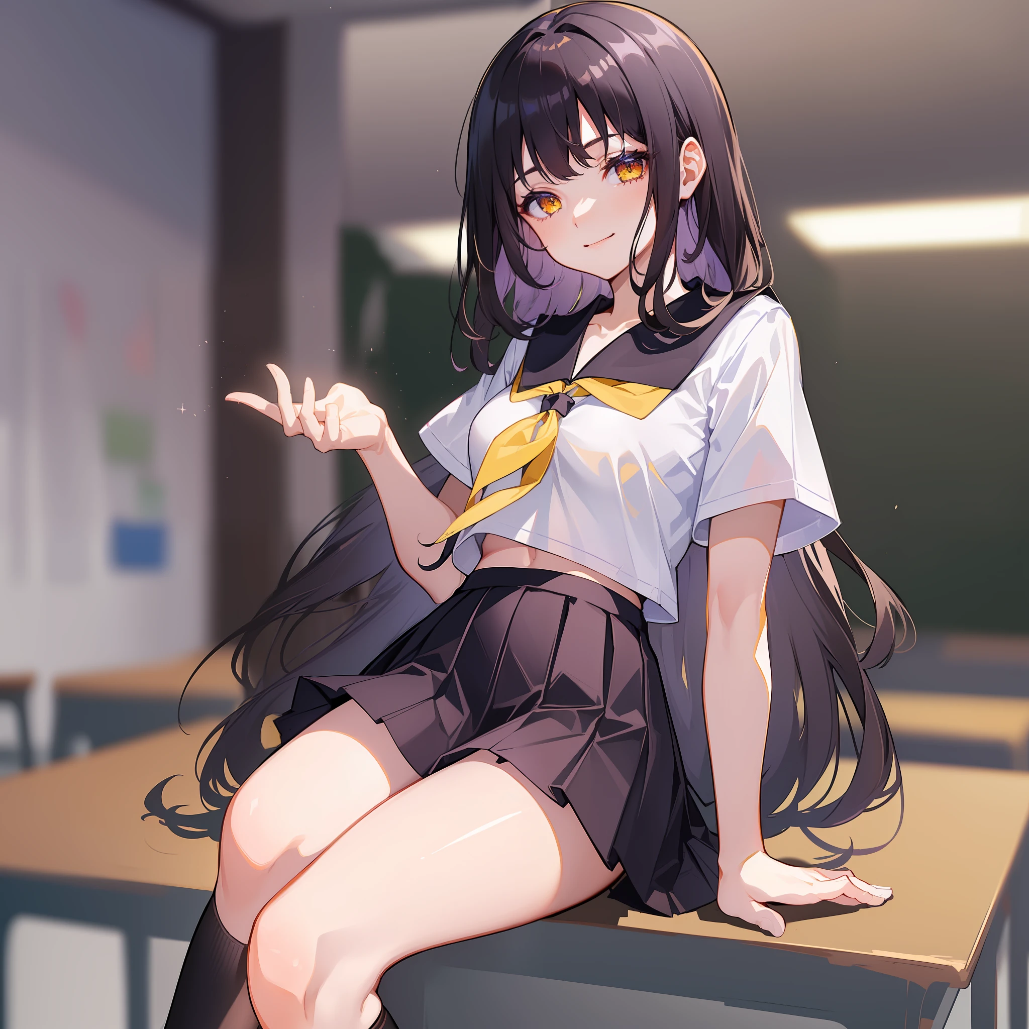 (名傌), (((Best Quality)), (Super Detail), 1 Girl, Black Hair Long Hair, Legs Open on School, Classroom, Desk, Purple Panties, Pubic Hair, Yellow Eyes, 15 Years Old, Skinny Legs, School Uniform, Skirt, Socks, Serafuk, Neckerchief, Sailor Color, Pleated Skirt, White Socks, Black Skirt, Short Sleeves, Shirt, White Shirt, Black Sailor Color, Blue neckerchief, evil smile, bangs, small breasts, cleavage, perfect hands, hand detail, fixed fingers, looking_al_Viewer, top quality, rich detail, perfect image quality,