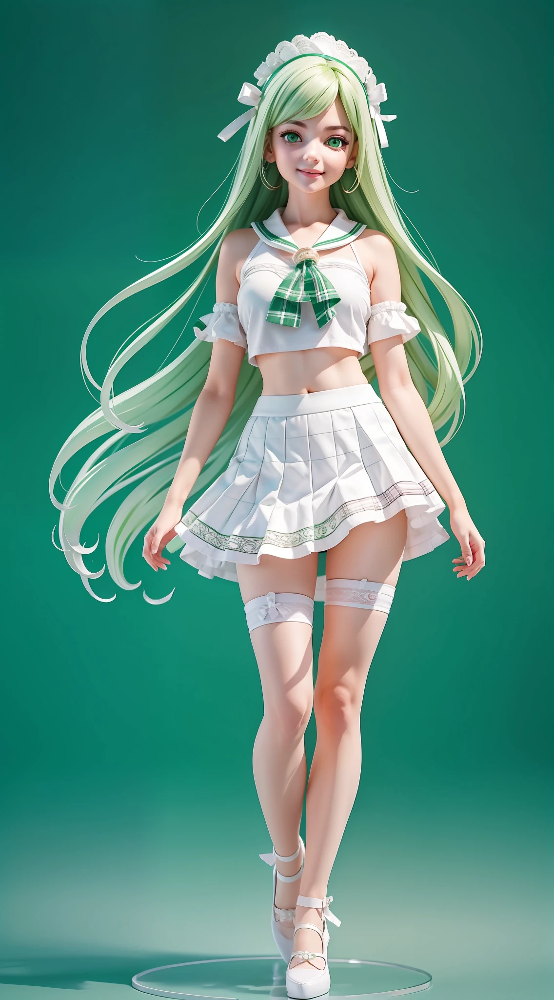 1girl, (anatomically correct), full body, (white shirt:1.1), (plaid skirt: 1.1), school sportswear, white lace skirt, green stockings, green high heels on feet, broken [green:yellow: 0.5] theme, (gradient background: 1.1), long hair, snakeskin hair ring, green eyes, smile, delicate headdress, clay texture, blind box toy style, sideways, panorama, (masterpiece: 1.1), (best quality: 1.1)